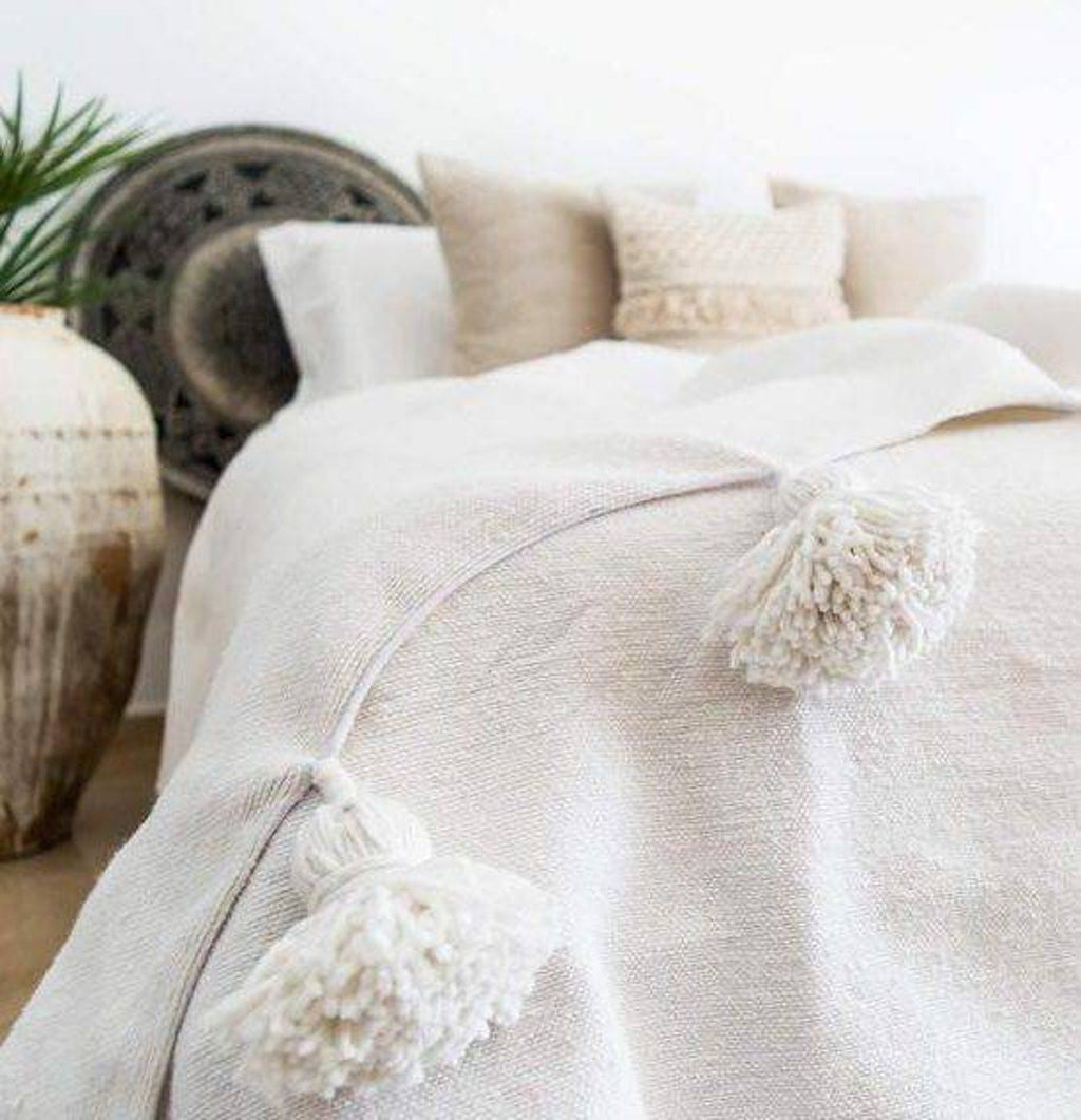 White Handwoven Moroccan Throw Blanket Boho Style - LuxoraCraft