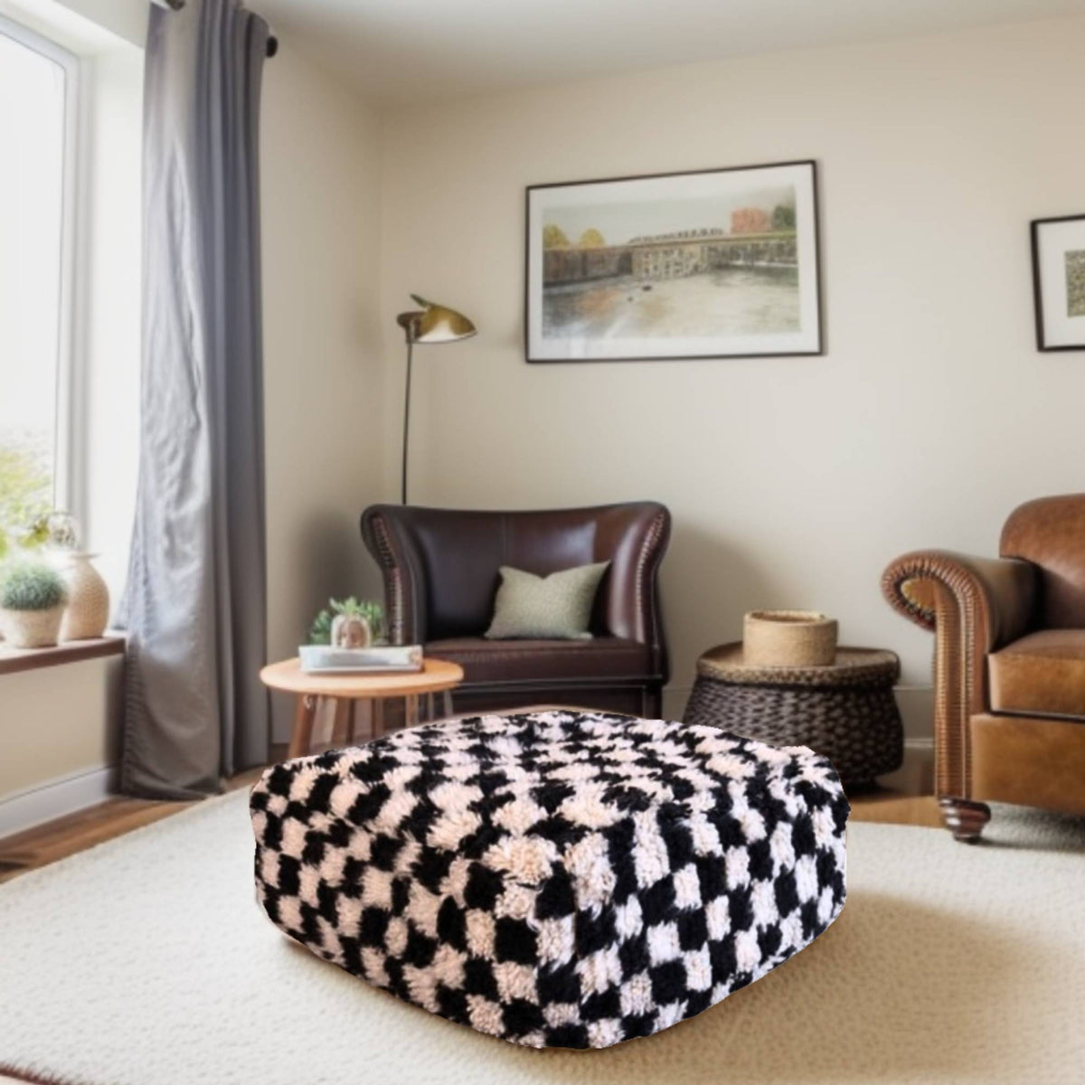 Checkered Wool Square Pouf Black White Moroccan Berber - LuxoraCraft