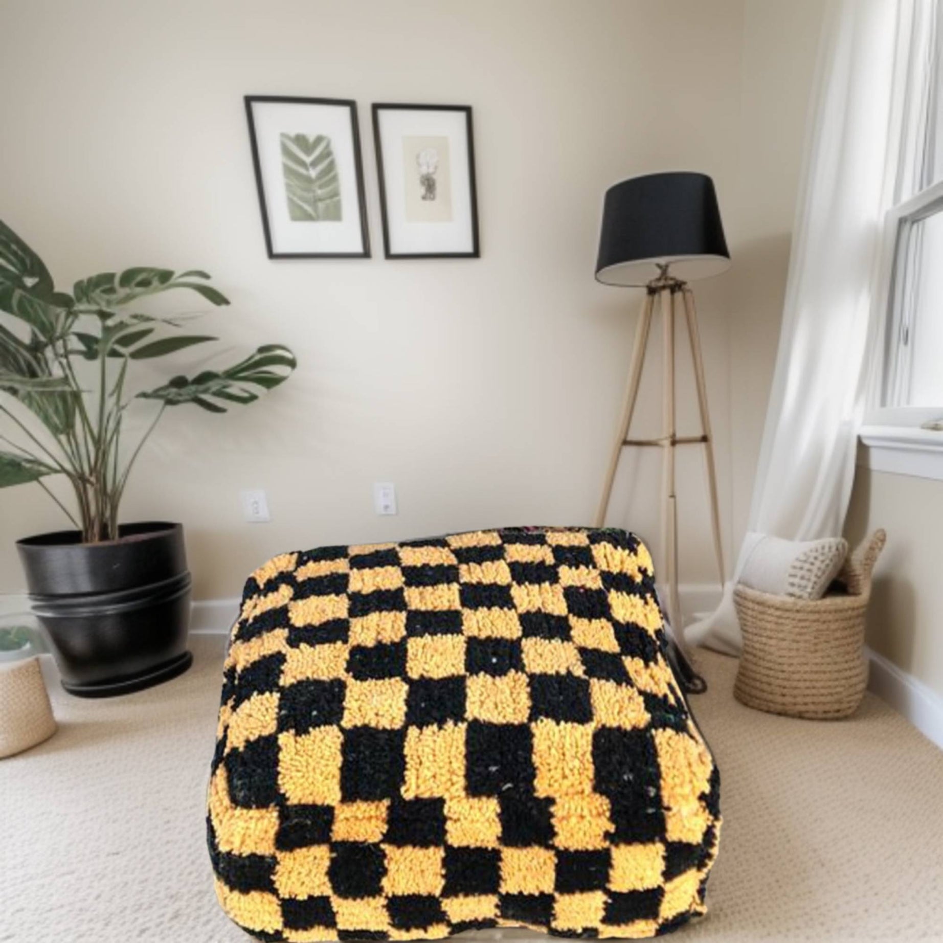 Checkered Wool Square Ottoman Pouf