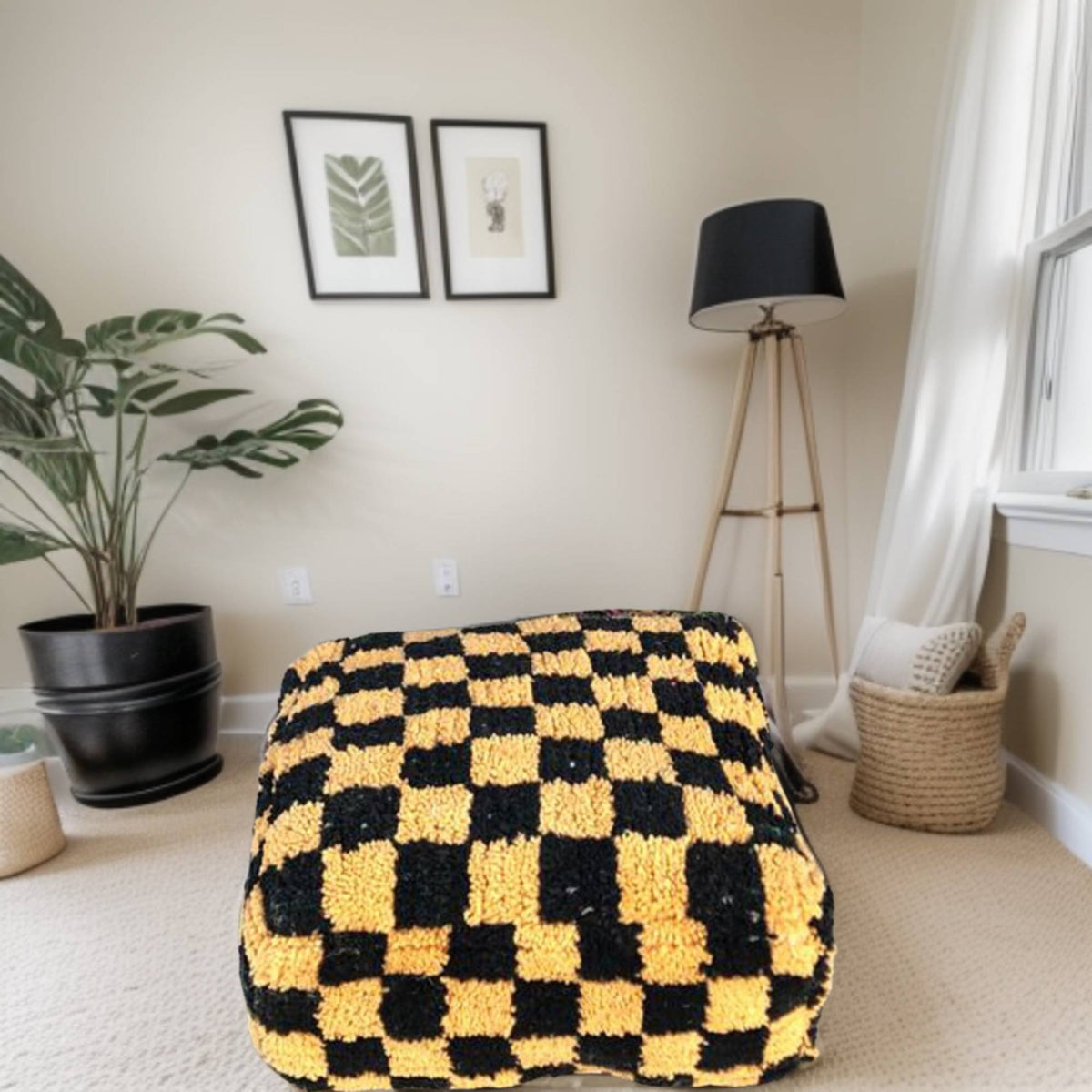 Checkered Wool Square Pouf Black Yellow Moroccan Berber - LuxoraCraft