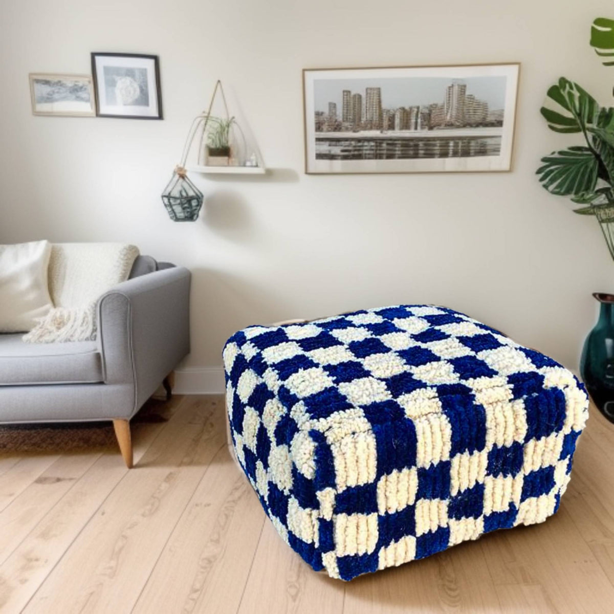 Checkered Wool Square Pouf Blue White Moroccan Berber - LuxoraCraft