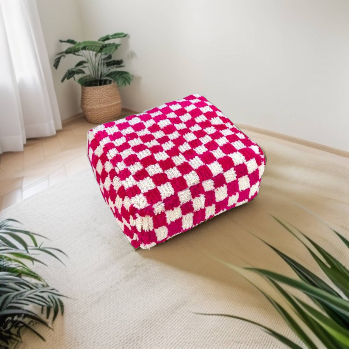 Checkered Wool Square Pouf Red White Moroccan Berber - LuxoraCraft