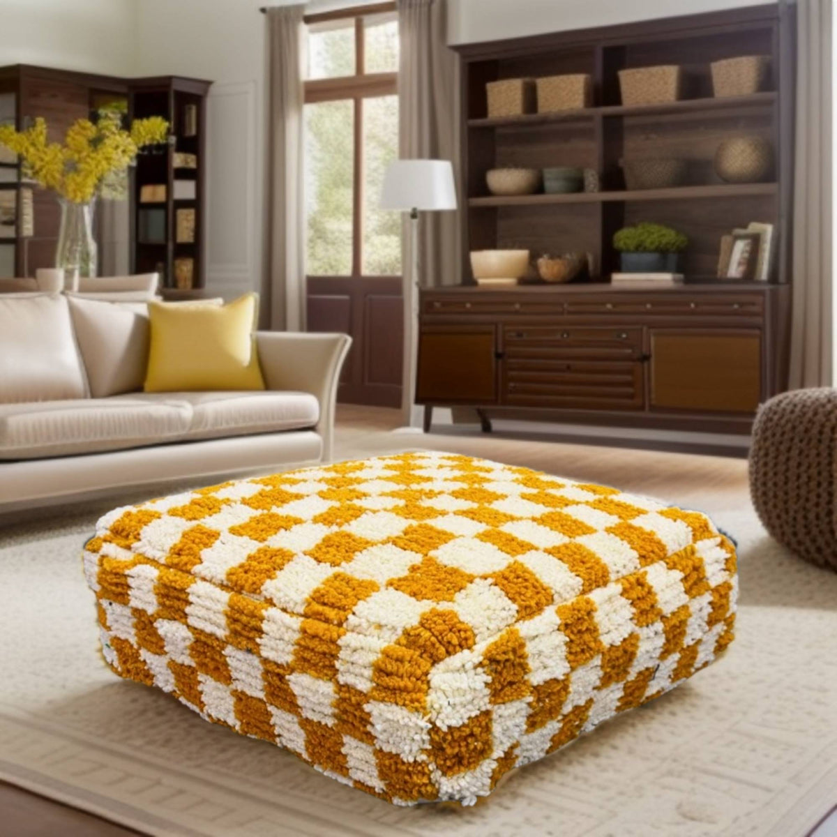 Checkered Wool Square Pouf Yellow White Moroccan Berber - LuxoraCraft