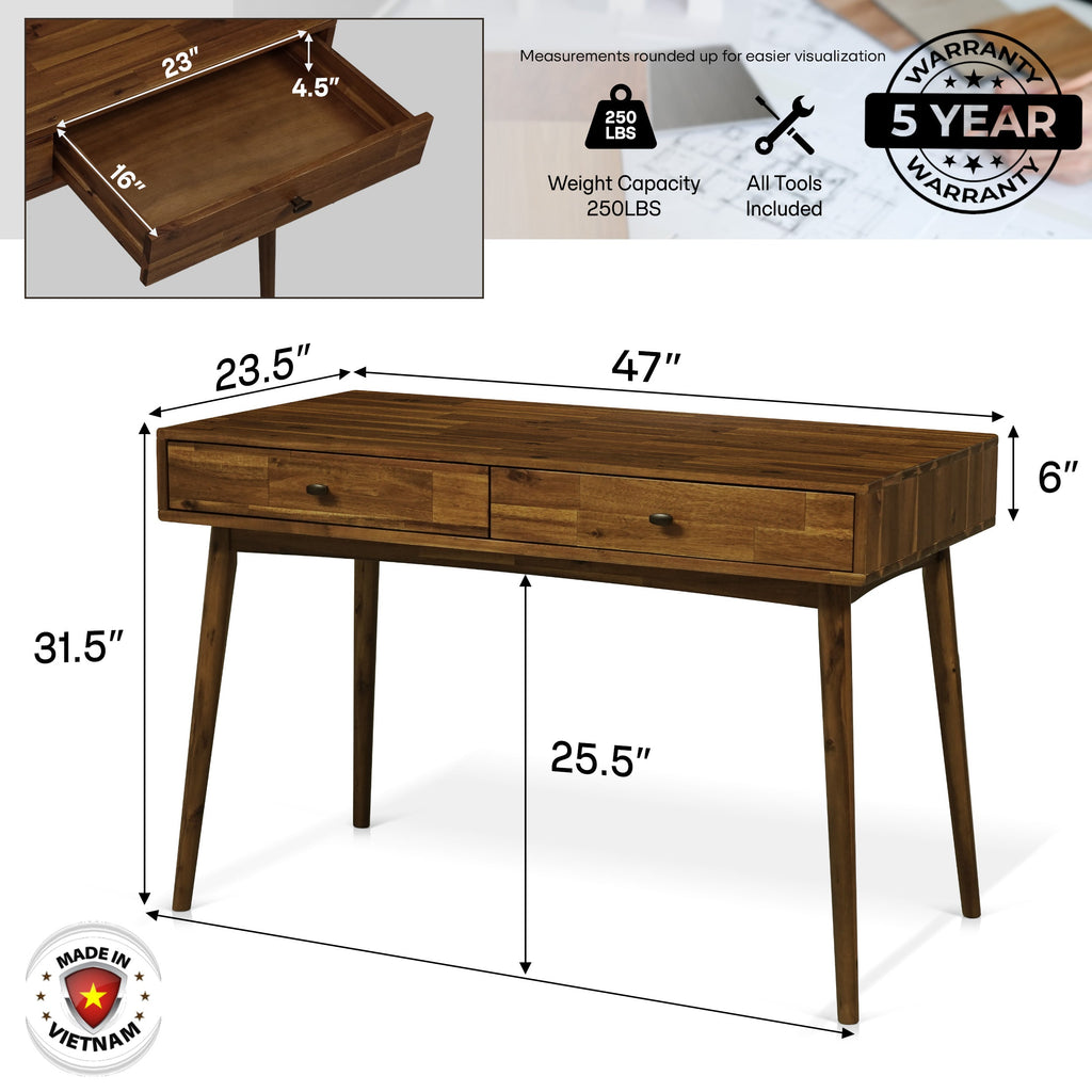 Acacia Lagom 48" Solid Wood Work Desk with Drawers for Functional Home Office Megsu