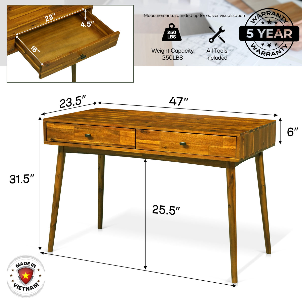 Acacia Lagom 48" Solid Wood Work Desk with Drawers for Functional Home Office Megsu