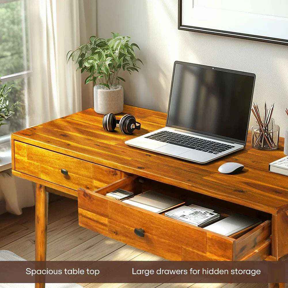 Acacia Lagom 48" Solid Wood Work Desk with Drawers for Functional Home Office Megsu