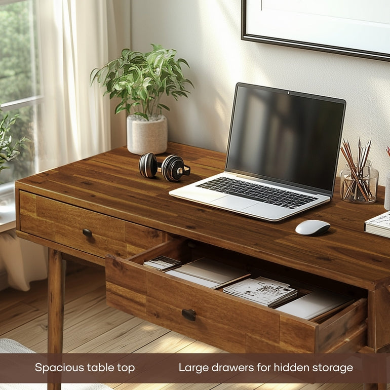 Acacia Lagom 48" Solid Wood Work Desk with Drawers for Functional Home Office Megsu