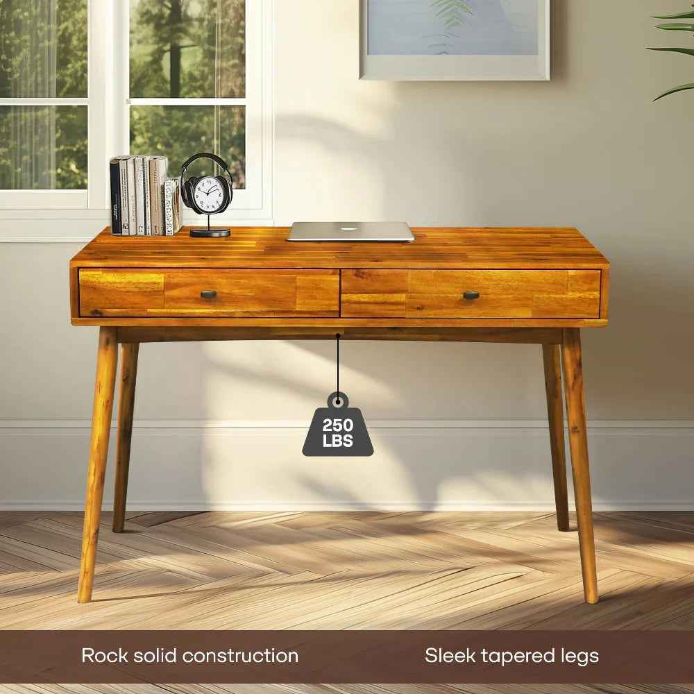 Acacia Lagom 48" Solid Wood Work Desk with Drawers for Functional Home Office Megsu