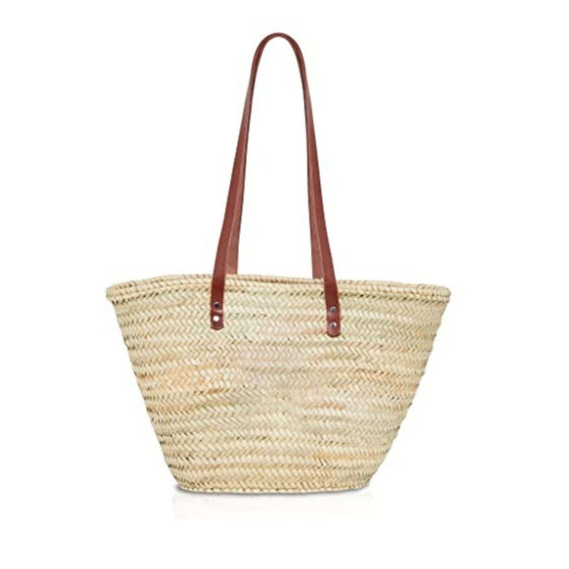 Handwoven French Palm Leaf Basket with Leather Handles – Stylish Beach Bag