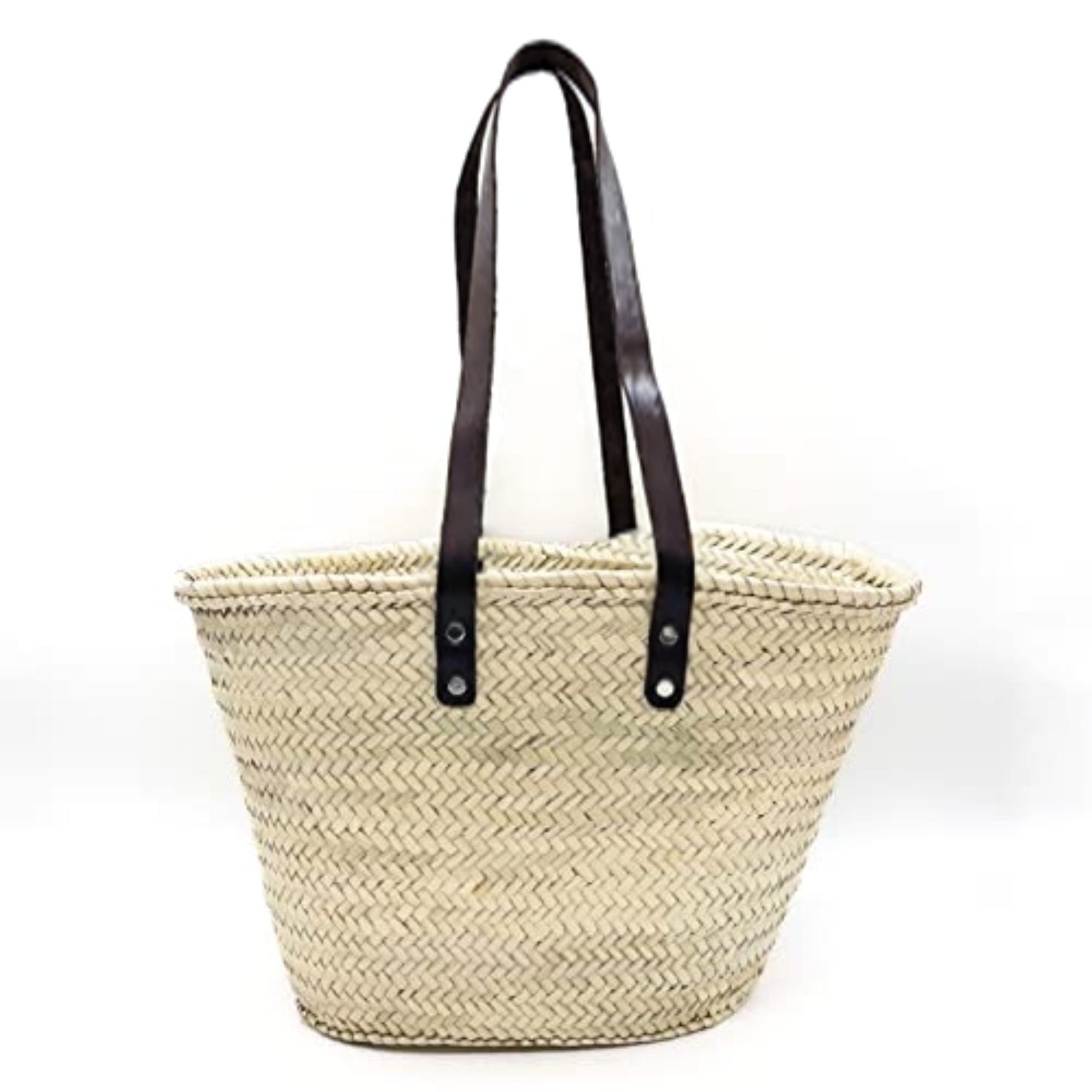 Handwoven French Palm Leaf Basket with Leather Handles – Stylish Beach Bag