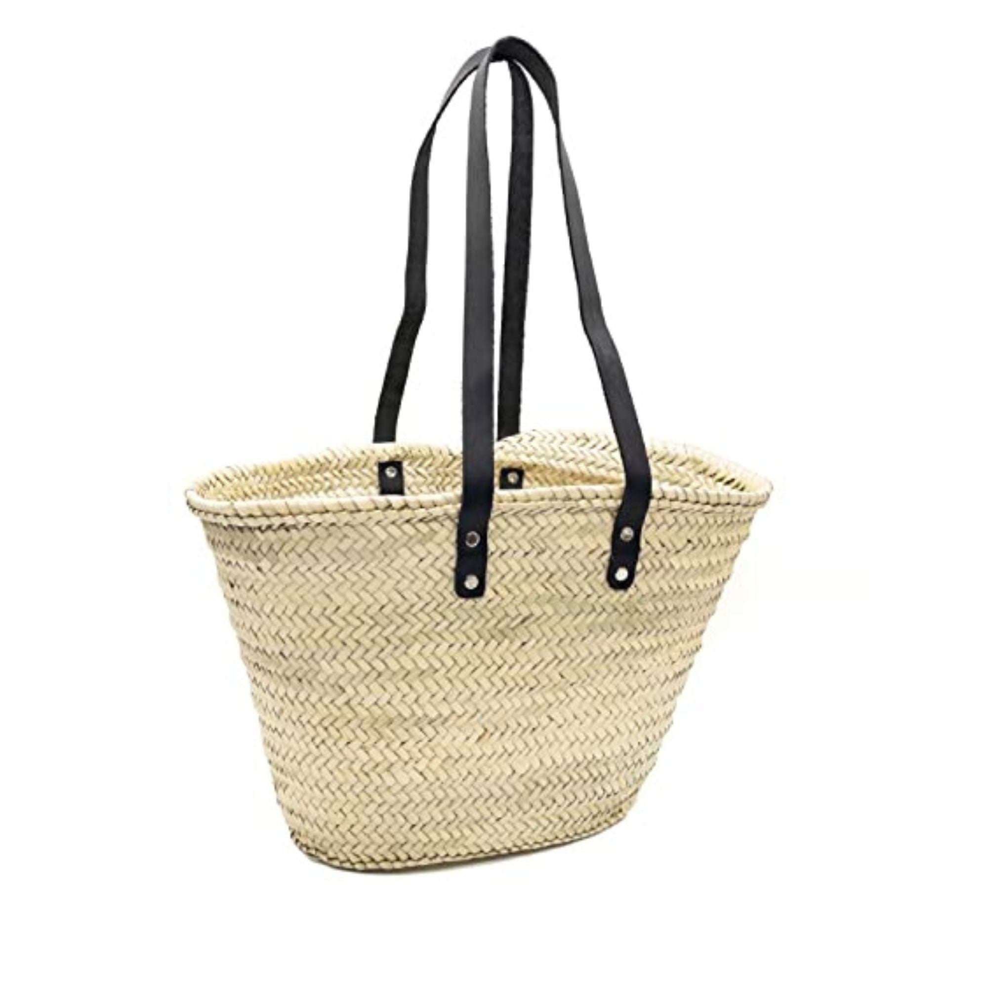Handwoven French Palm Leaf Basket with Leather Handles – Stylish Beach Bag
