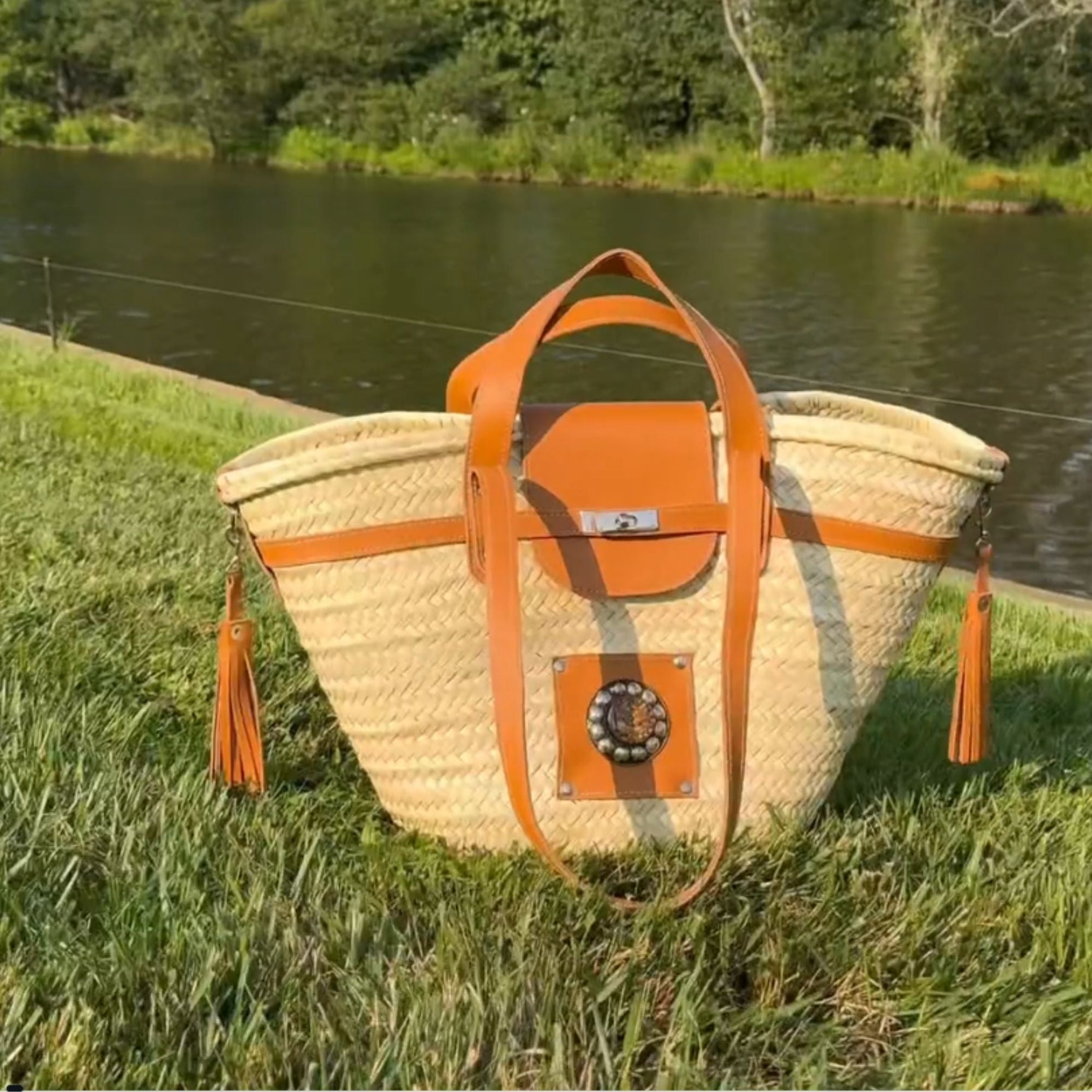 Handmade Large French Straw Basket with Leather Straps