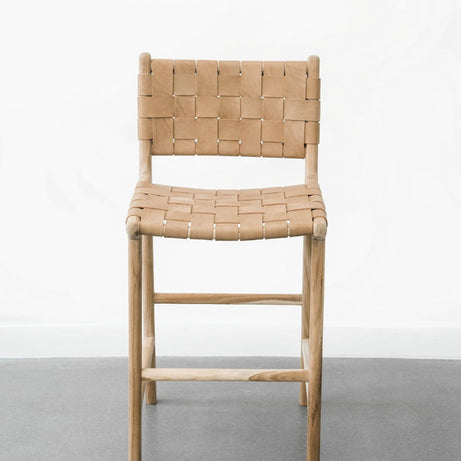 Woven Tan Leather Counter Stool with Natural Teak Wood Frame