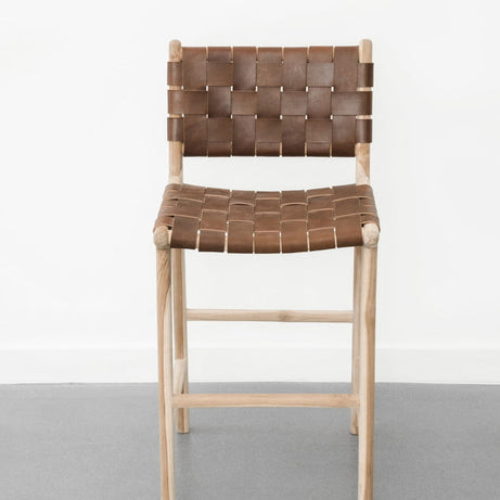 Natural Teak Wood Counter Stool with Dark Brown Leather Strap