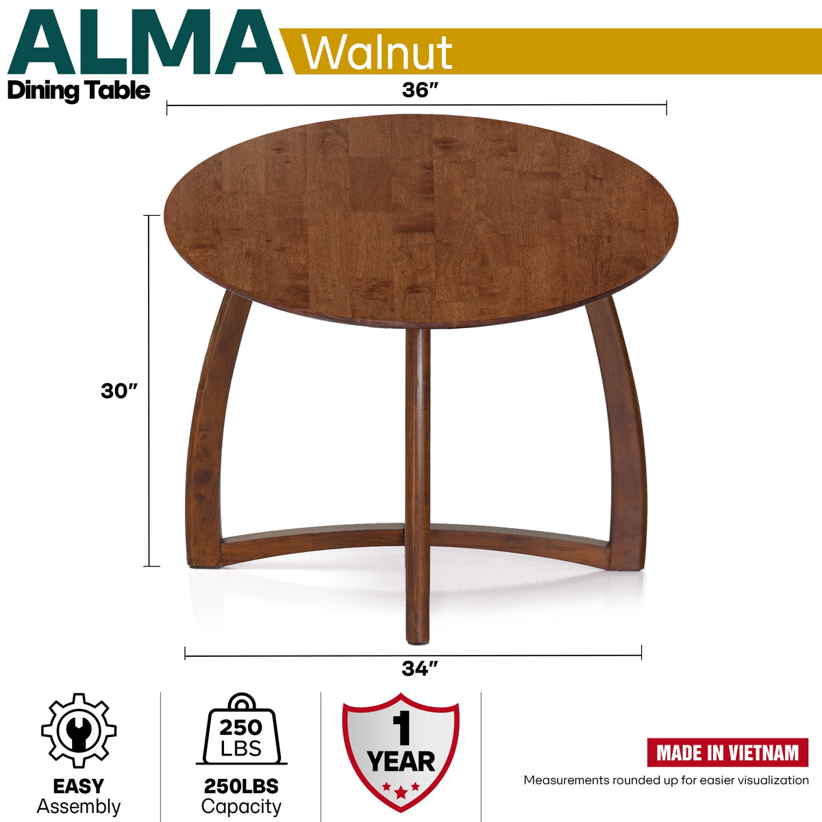 Alma 36 Inches Round Dining Table for 4, Mid-Century Modern Kitchen & Dining Room Tables Megsu