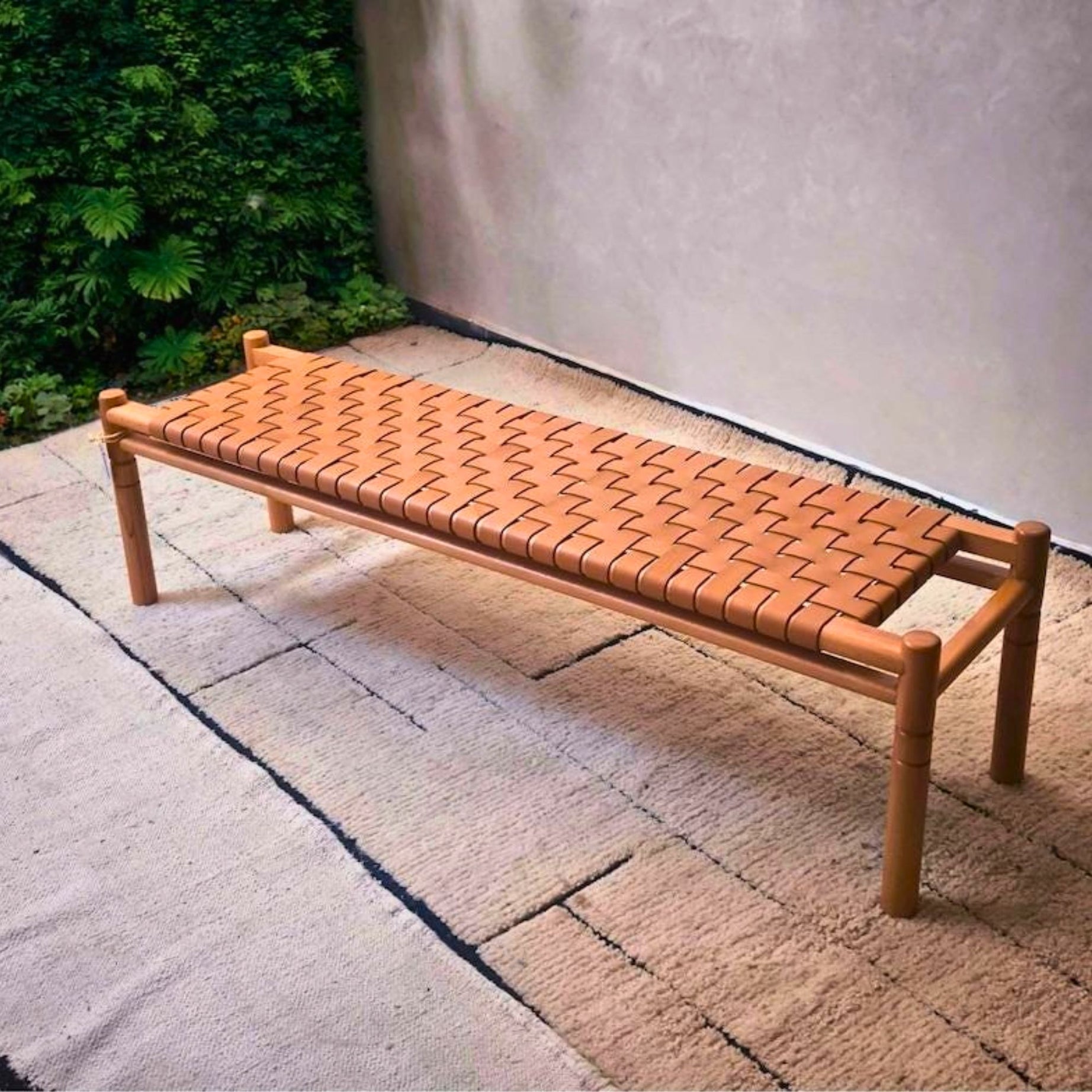 Halden Woven Leather Bench – Matte Finish Teak & Beige Leather