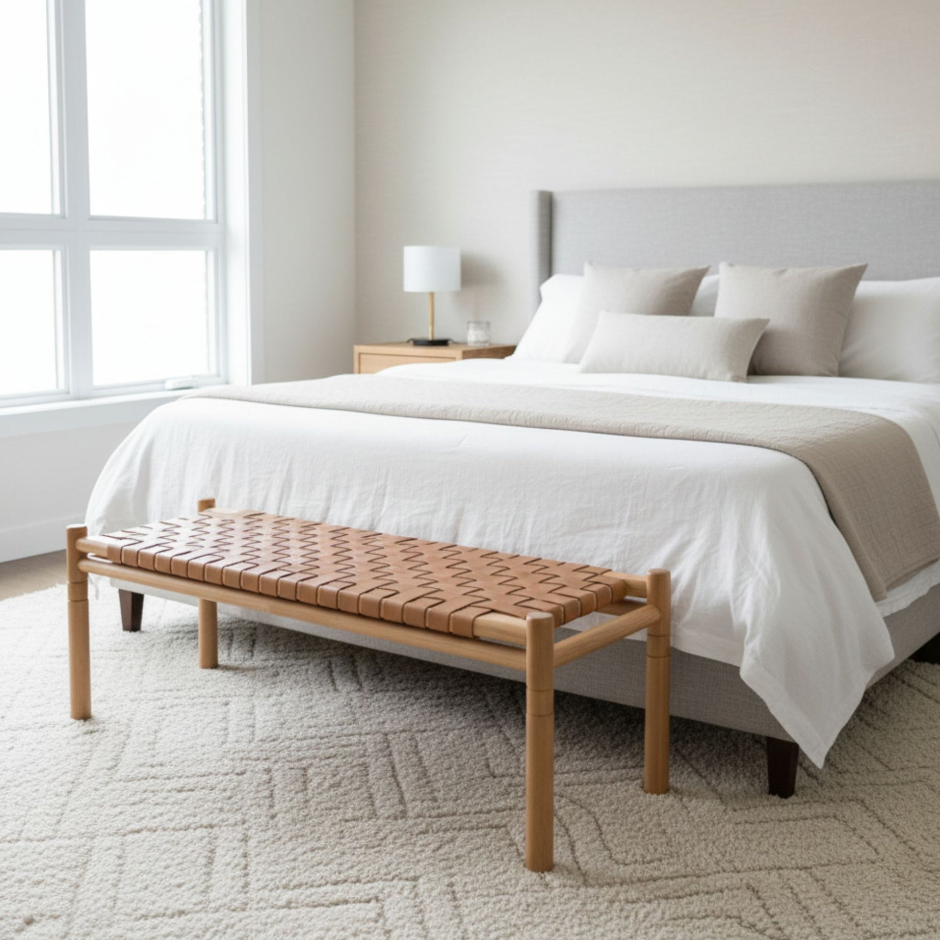 Halden Woven Leather Bench – Matte Finish Teak & Beige Leather