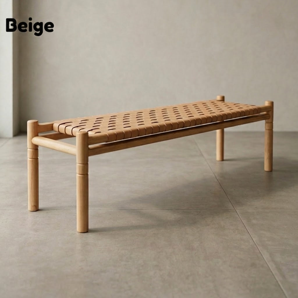 Halden Woven Leather Bench – Matte Finish Teak & Beige Leather