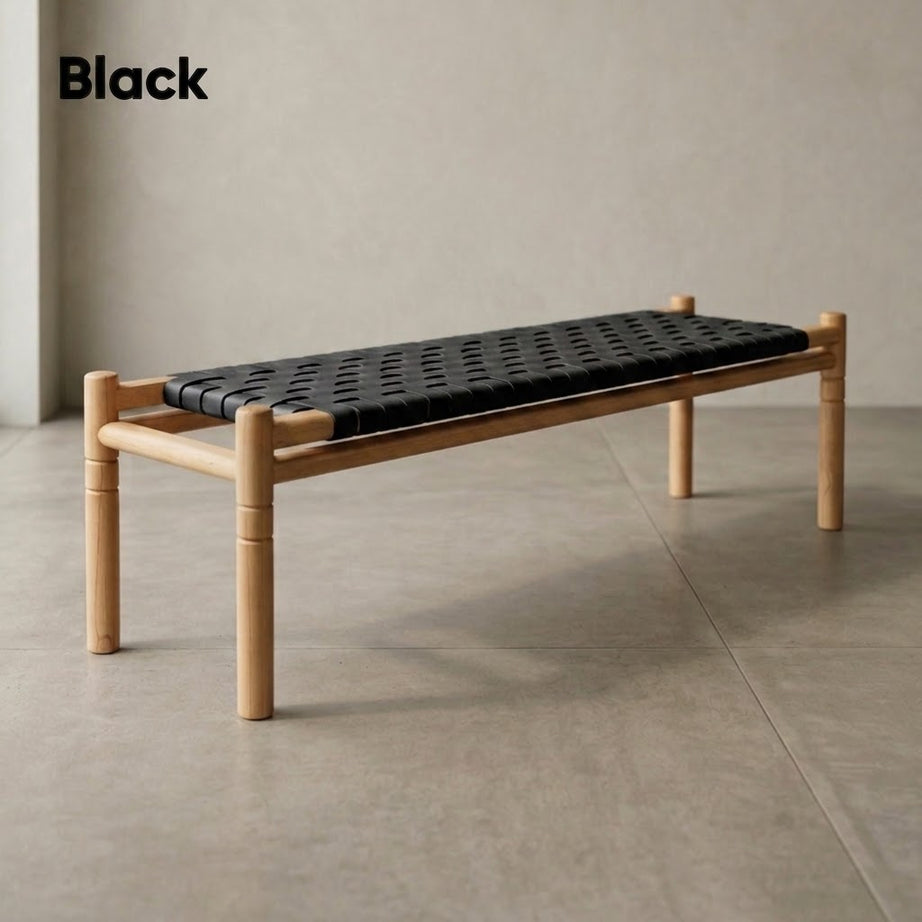 Halden Woven Leather Bench – Matte Finish Teak & Beige Leather