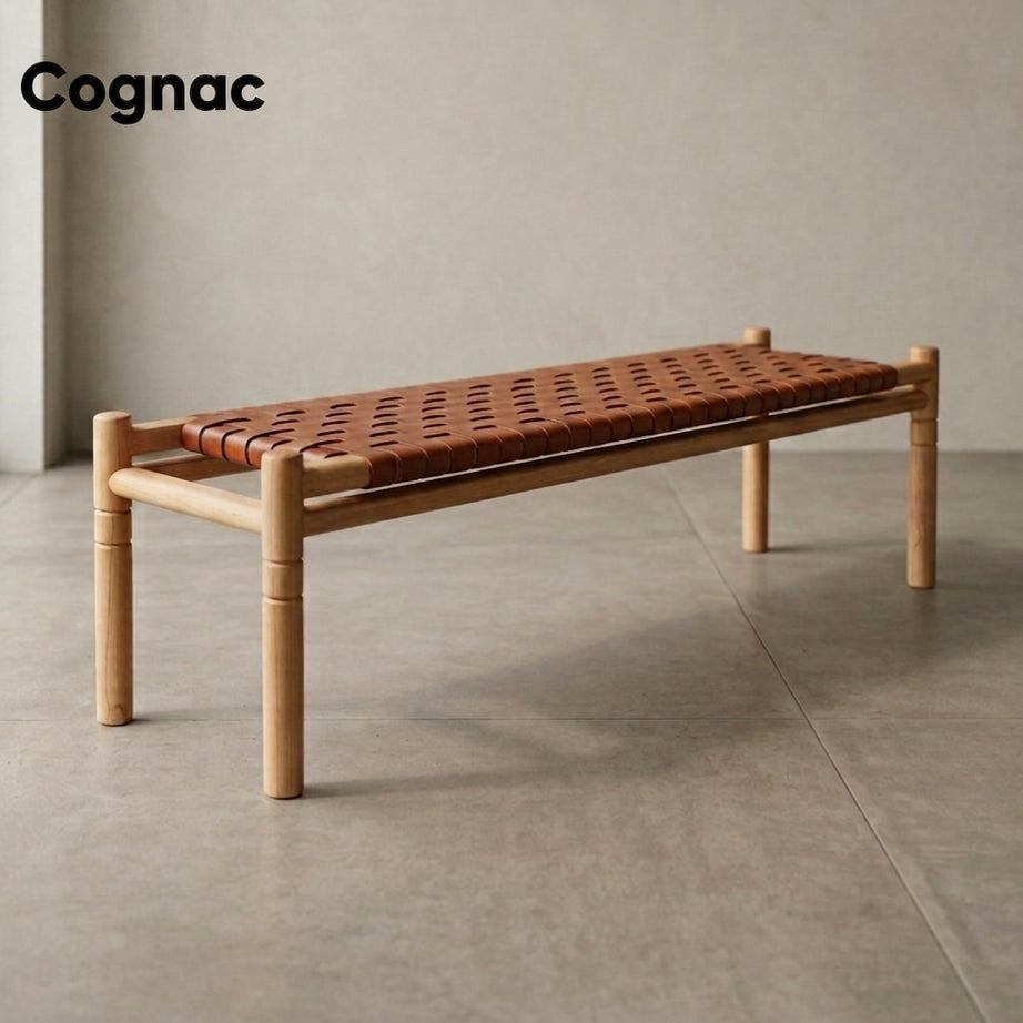 Halden Woven Leather Bench – Matte Finish Teak & Beige Leather