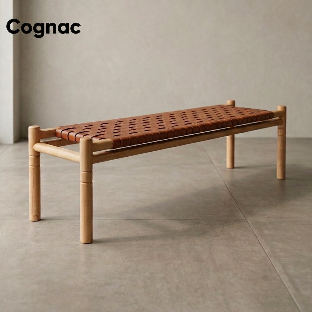 Halden Woven Leather Bench – Matte Finish Teak & Beige Leather
