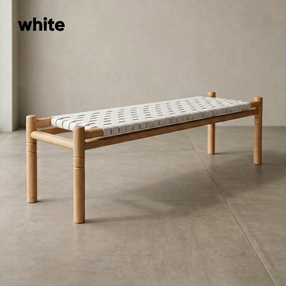 Halden Woven Leather Bench – Matte Finish Teak & Beige Leather