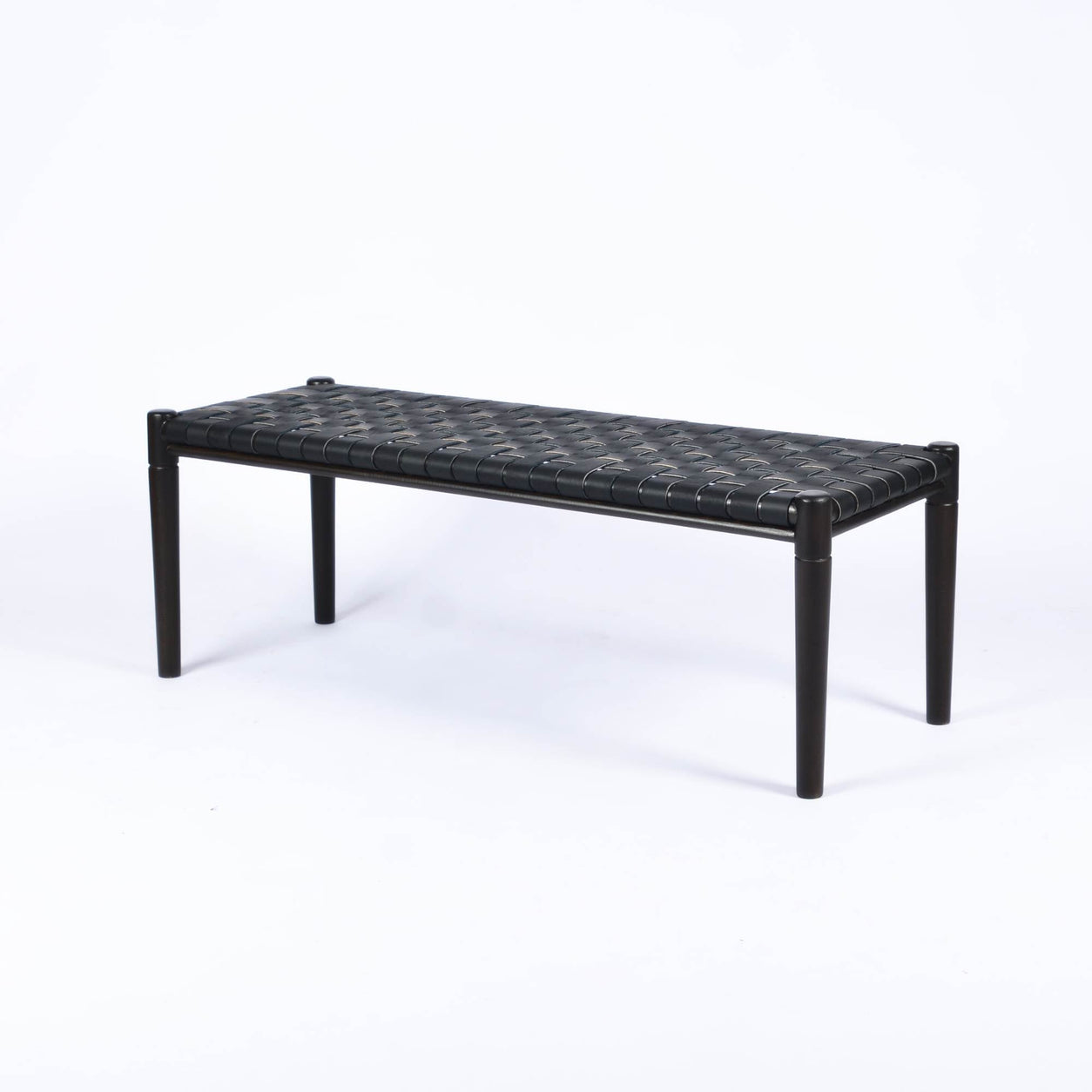 Helga Woven Leather Bench Black Strap Black Teak Wood Frame - LuxoraCraft