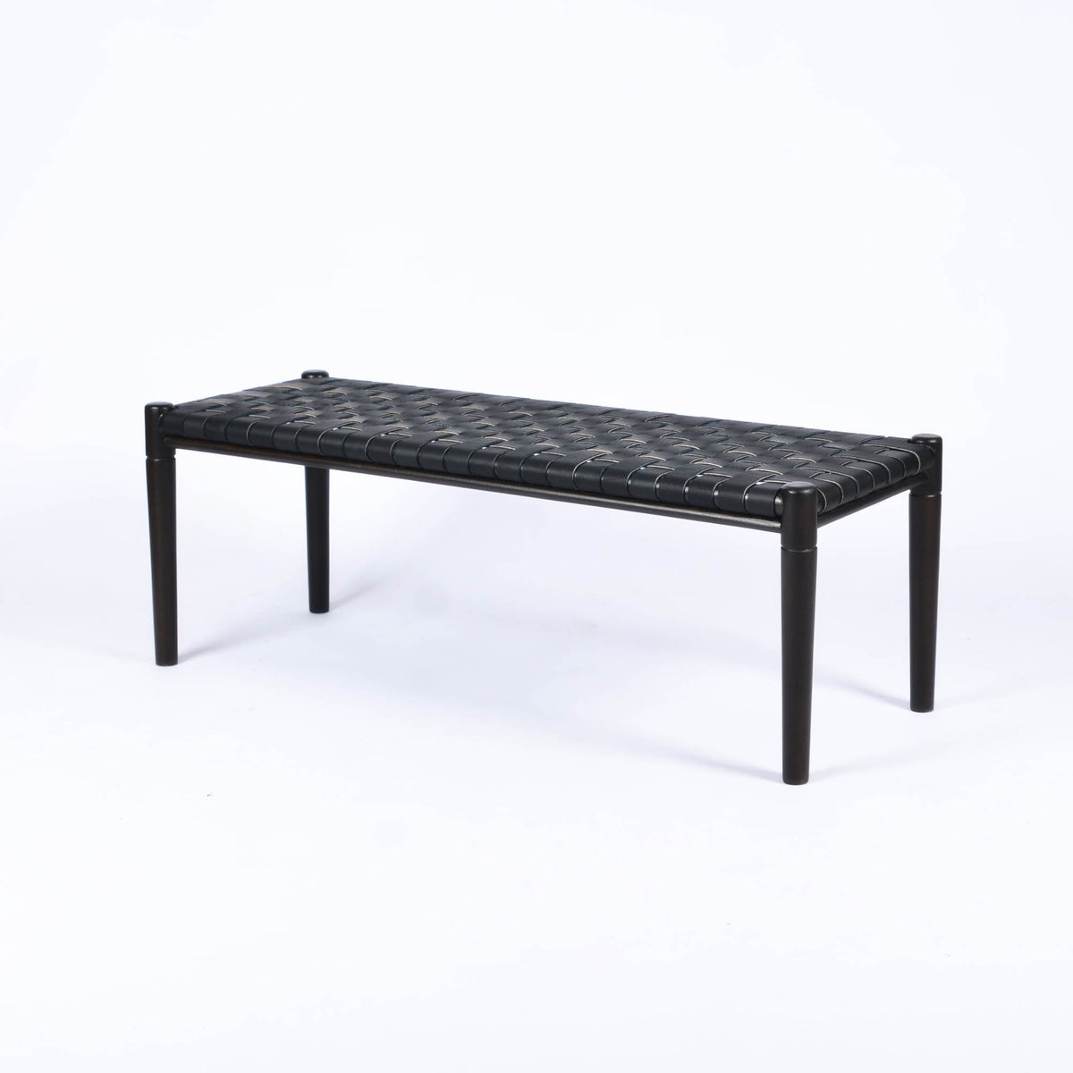 Helga Woven Leather Bench Black Strap Black Teak Wood Frame - LuxoraCraft