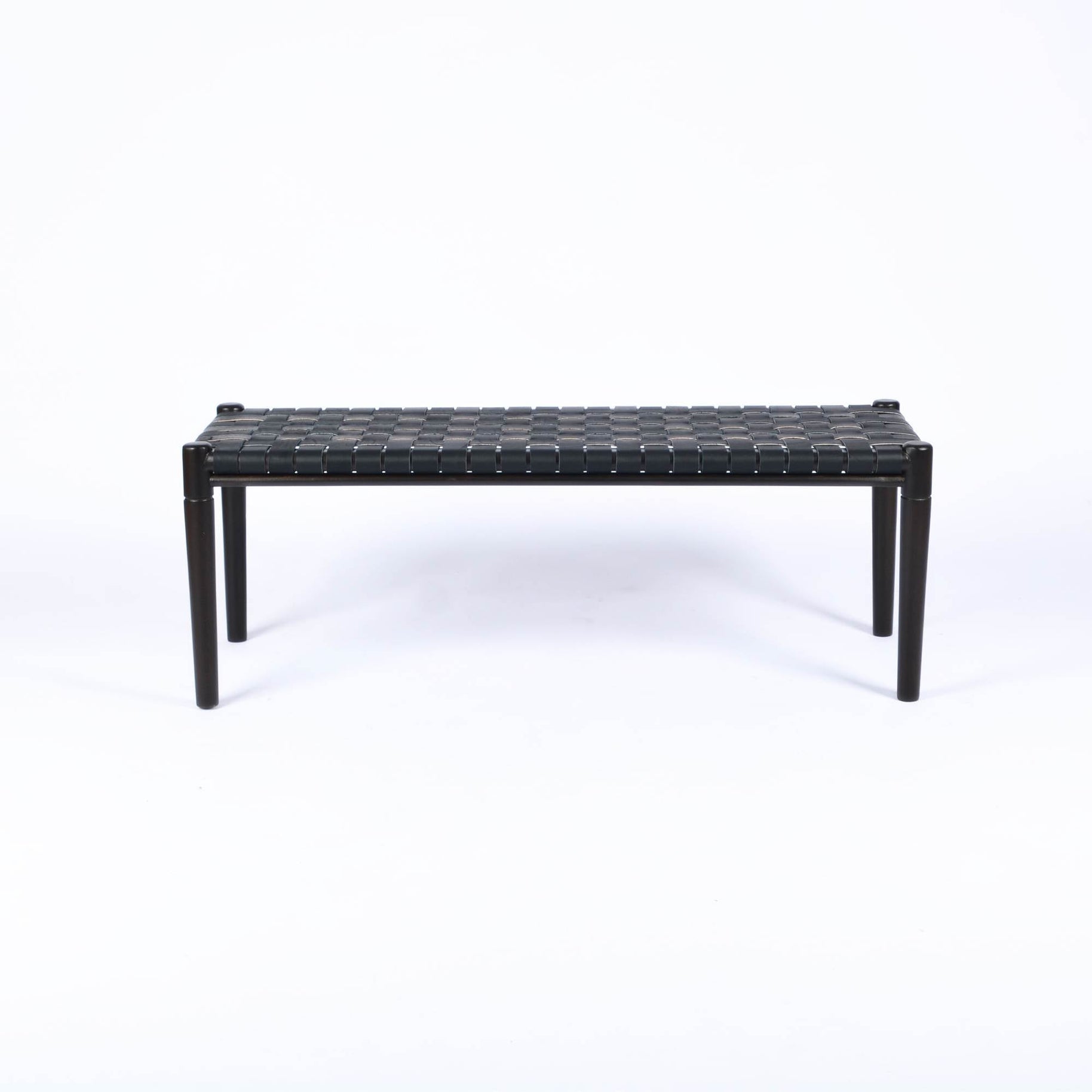 Helga Woven Black Leather Bench Black Teak Wood Side View - LuxoraCraft