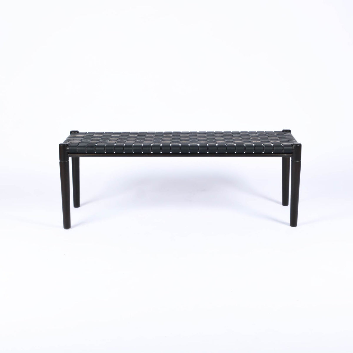 Helga Woven Black Leather Bench Black Teak Wood Side View - LuxoraCraft