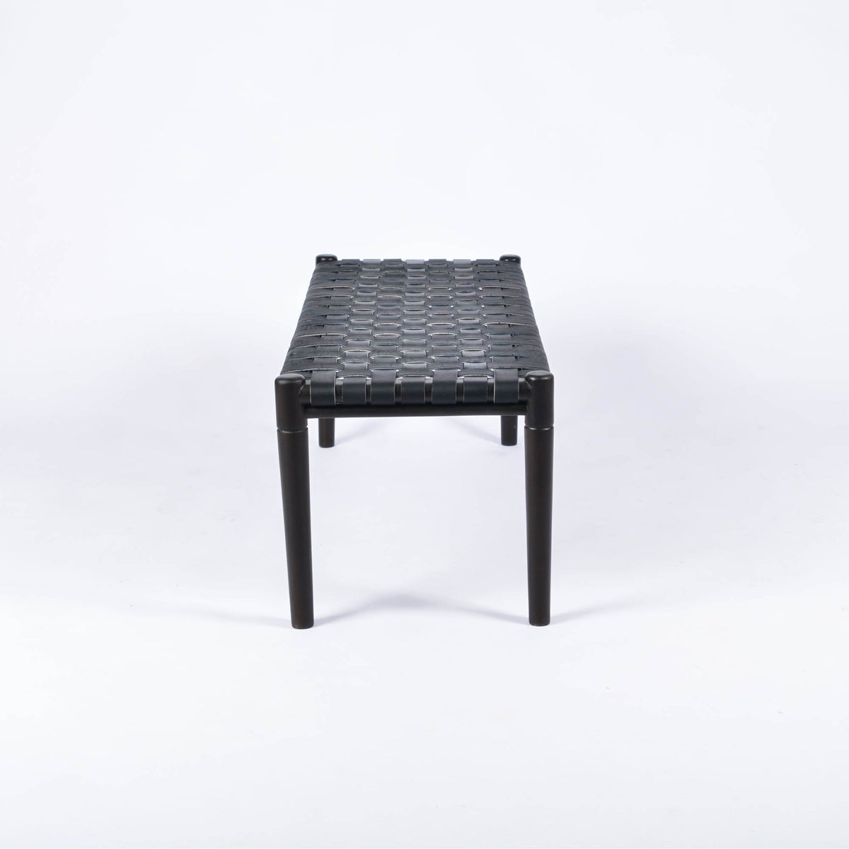 Helga Black Teak Wood Woven Leather Bench Black Strap Design - LuxoraCraft