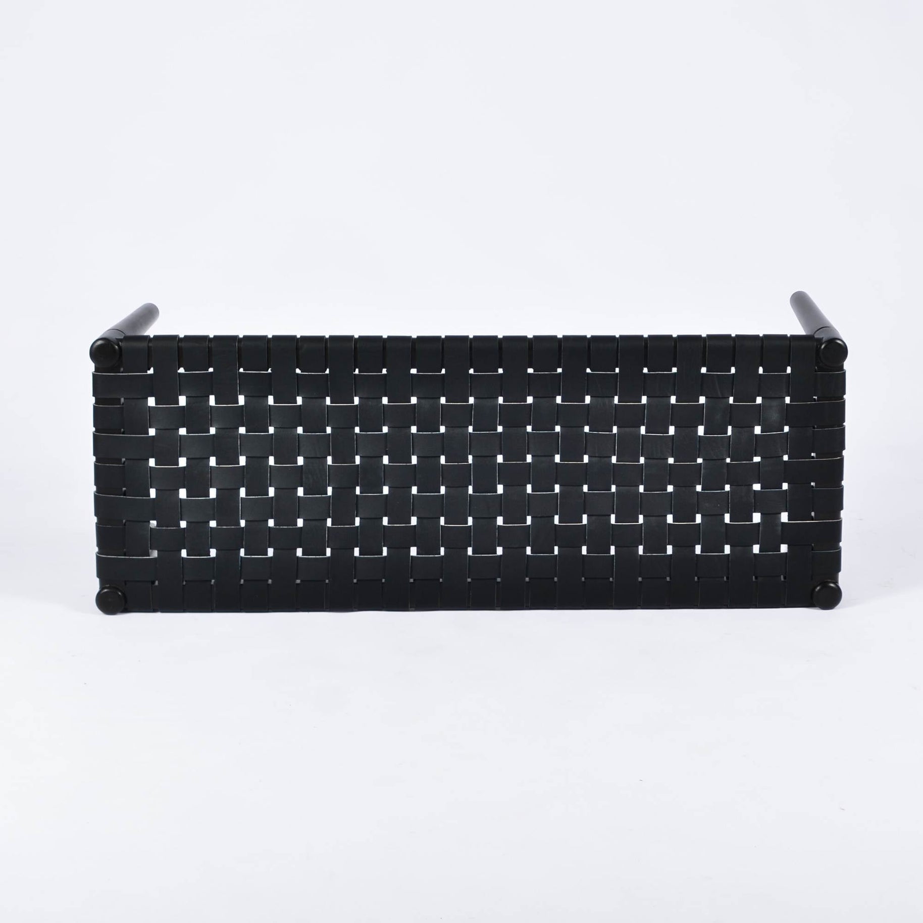 Helga Woven Leather Bench Black Teak Wood With Black Strap Leather