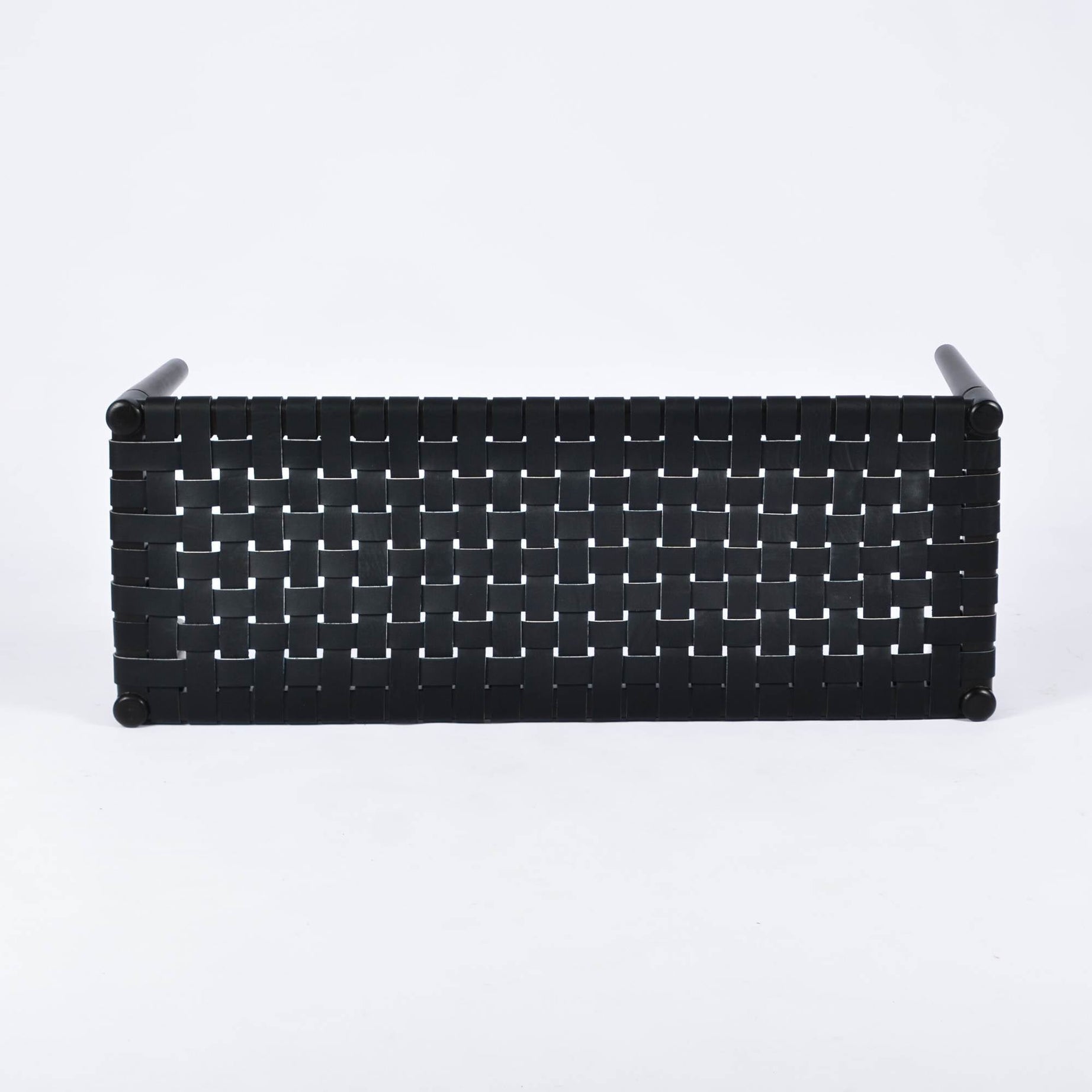 Helga Woven Leather Bench Black Teak Wood With Black Strap Leather