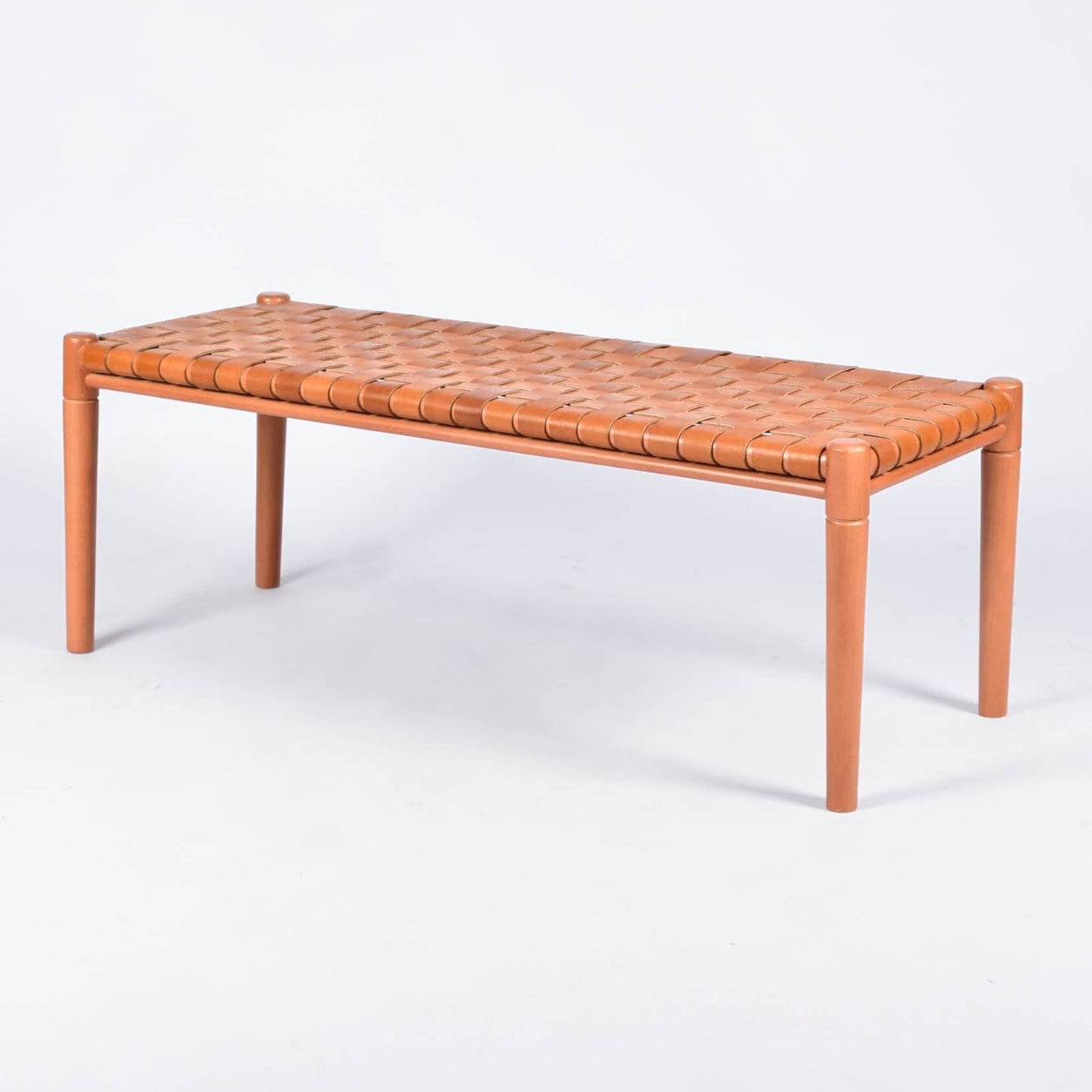 Helga Woven Leather Bench Brown Cognac Strap Cognac Teak Wood - LuxoraCraft