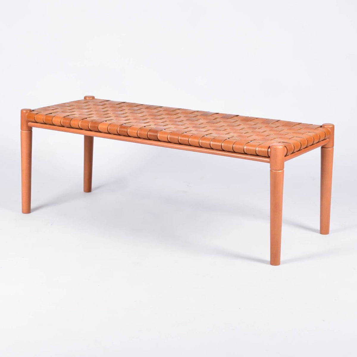 Helga Woven Leather Bench Brown Cognac Strap Cognac Teak Wood - LuxoraCraft