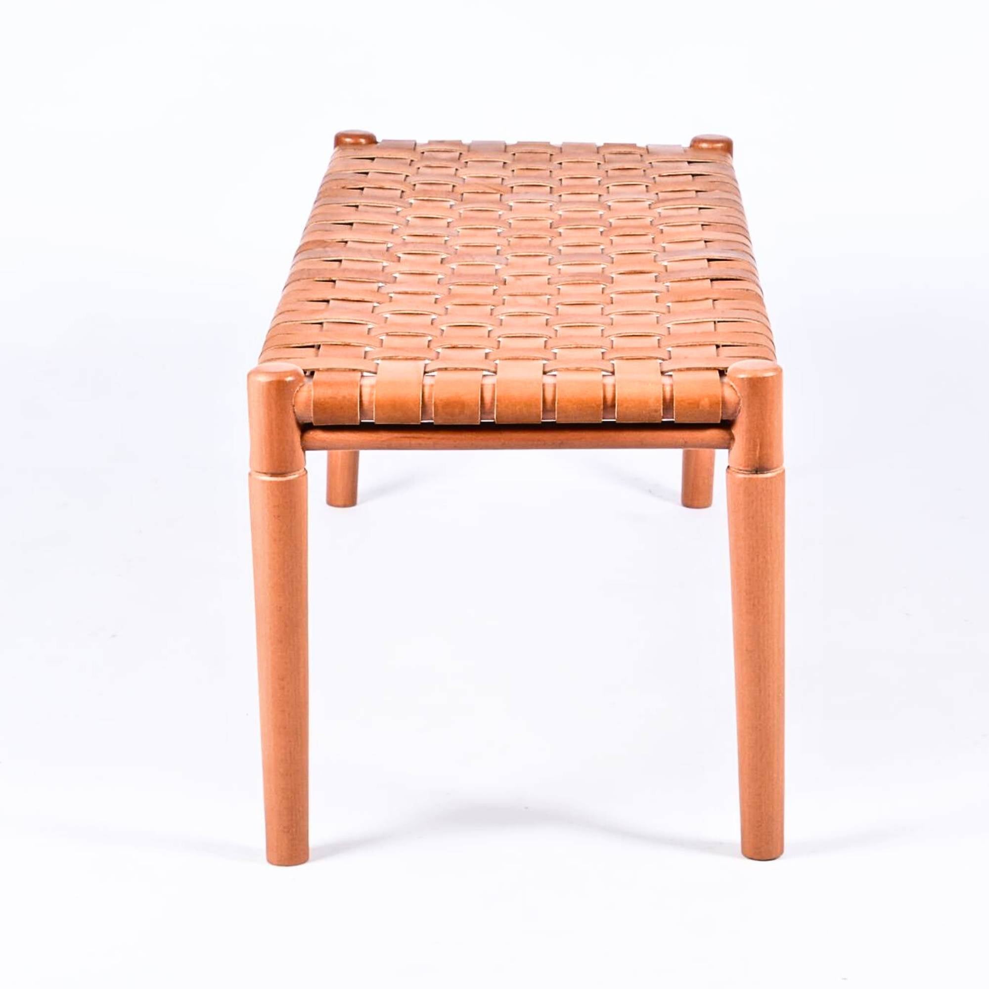 Helga Woven Leather Bench Cognac Teak Wood With Brown Cognac Strap Leather