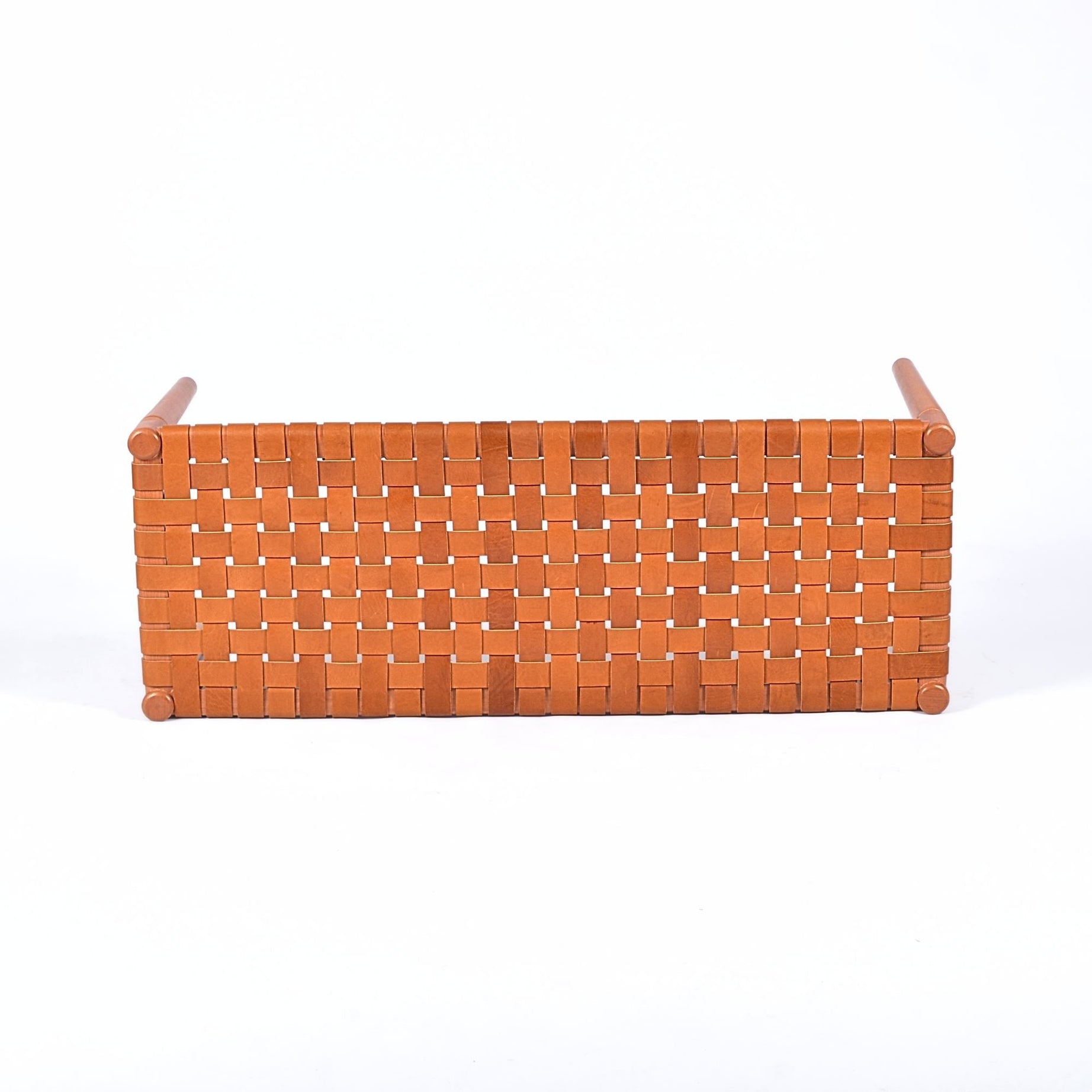 Helga Woven Leather Bench Cognac Teak Wood With Brown Cognac Strap Leather