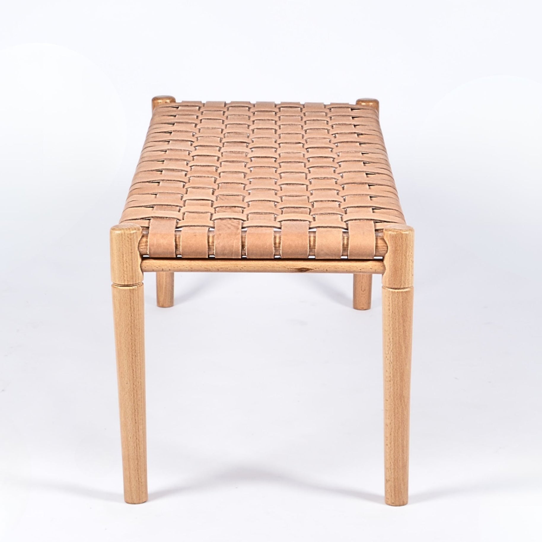 Helga Beige Strap Leather Bench Varnished Teak Handcrafted - LuxoraCraft