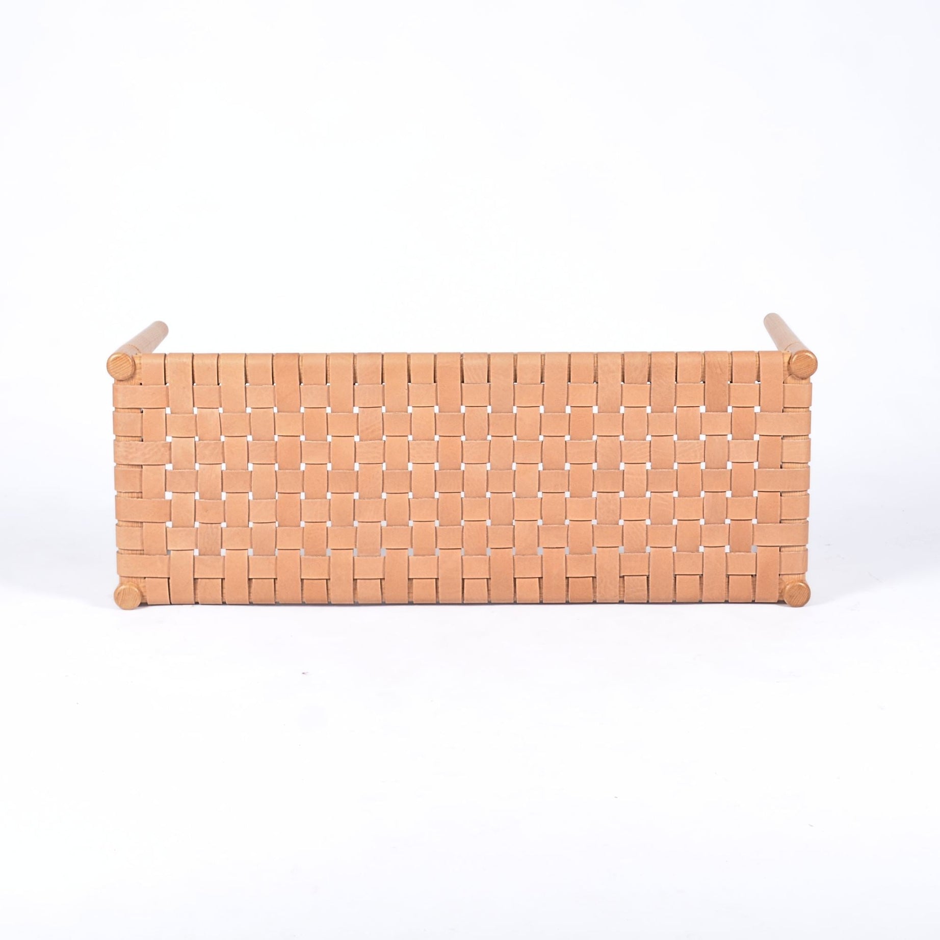 Helga Woven Leather Bench Varnished Teak Wood With Strap Beige Leather