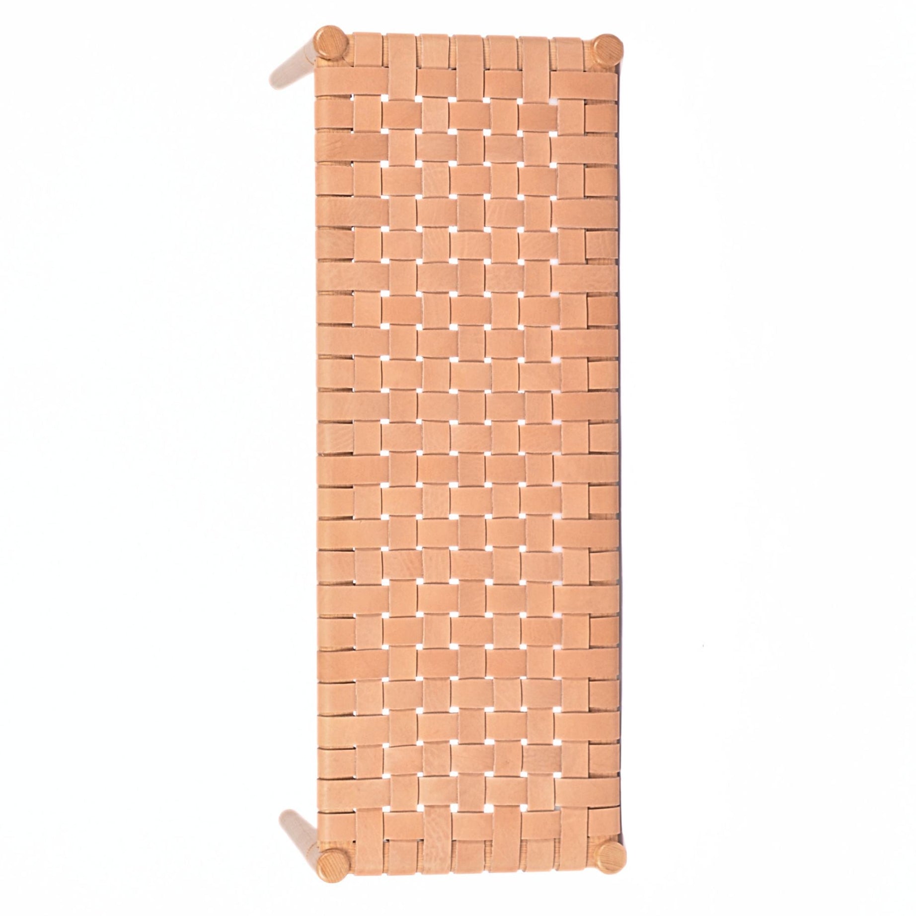 Helga Woven Leather Bench Varnished Teak Wood With Strap Beige Leather