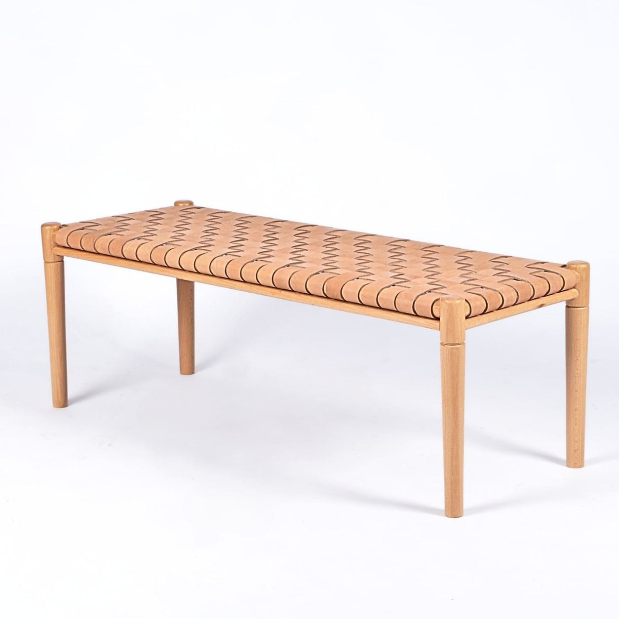 Helga Woven Leather Bench Beige Strap Varnished Teak Wood - LuxoraCraft