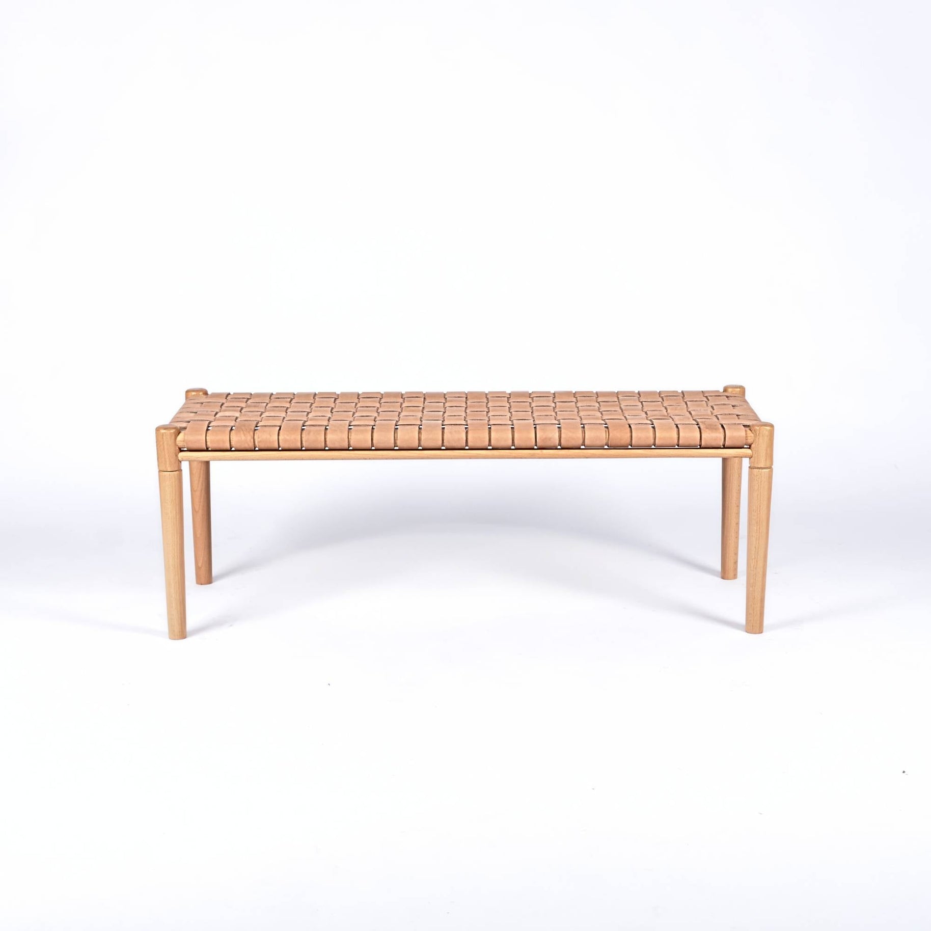 Helga Woven Beige Leather Bench Natural Teak Wood Design - LuxoraCraft
