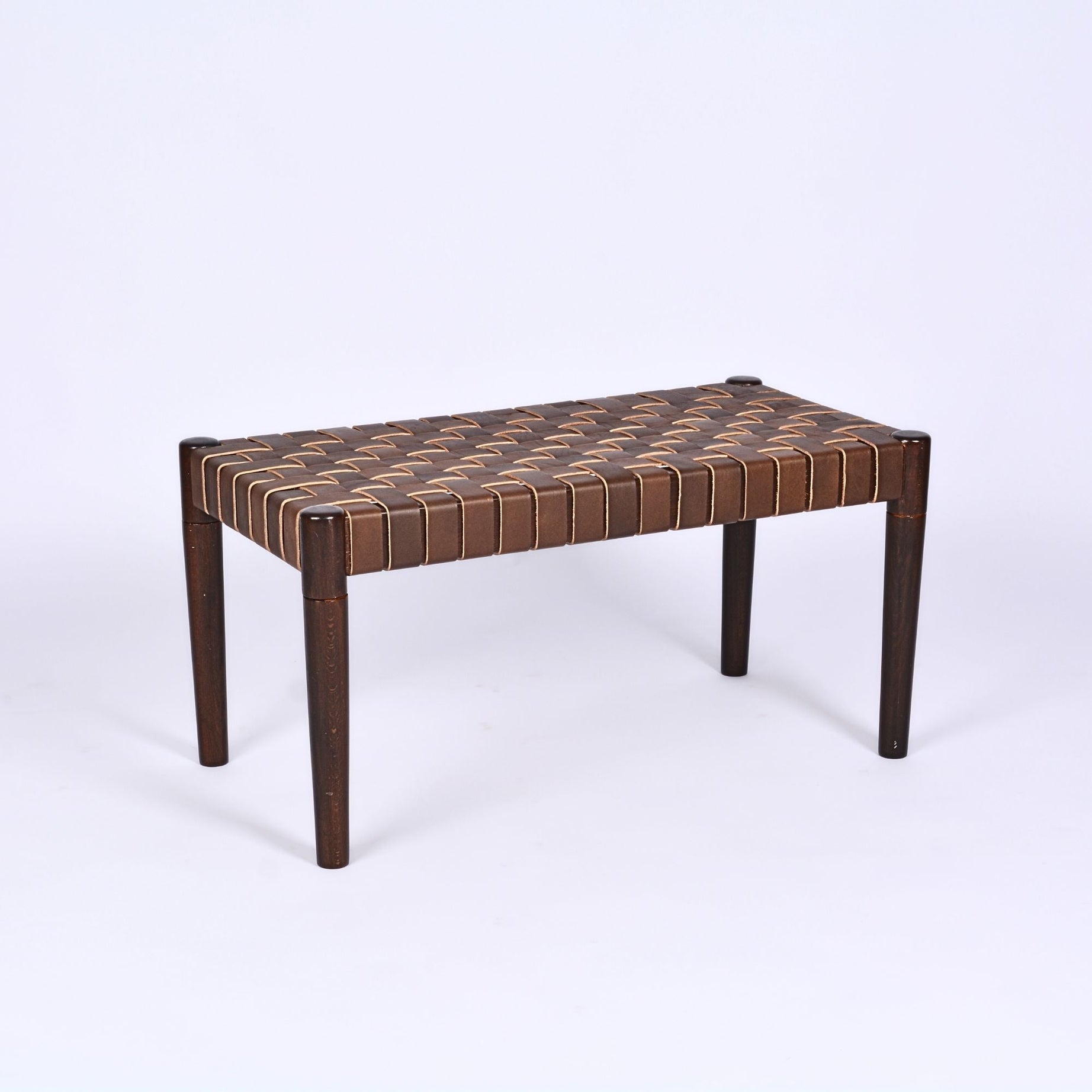 Olav Customizable Woven Leather Bench Vintage Brown Wood - LuxoraCraft