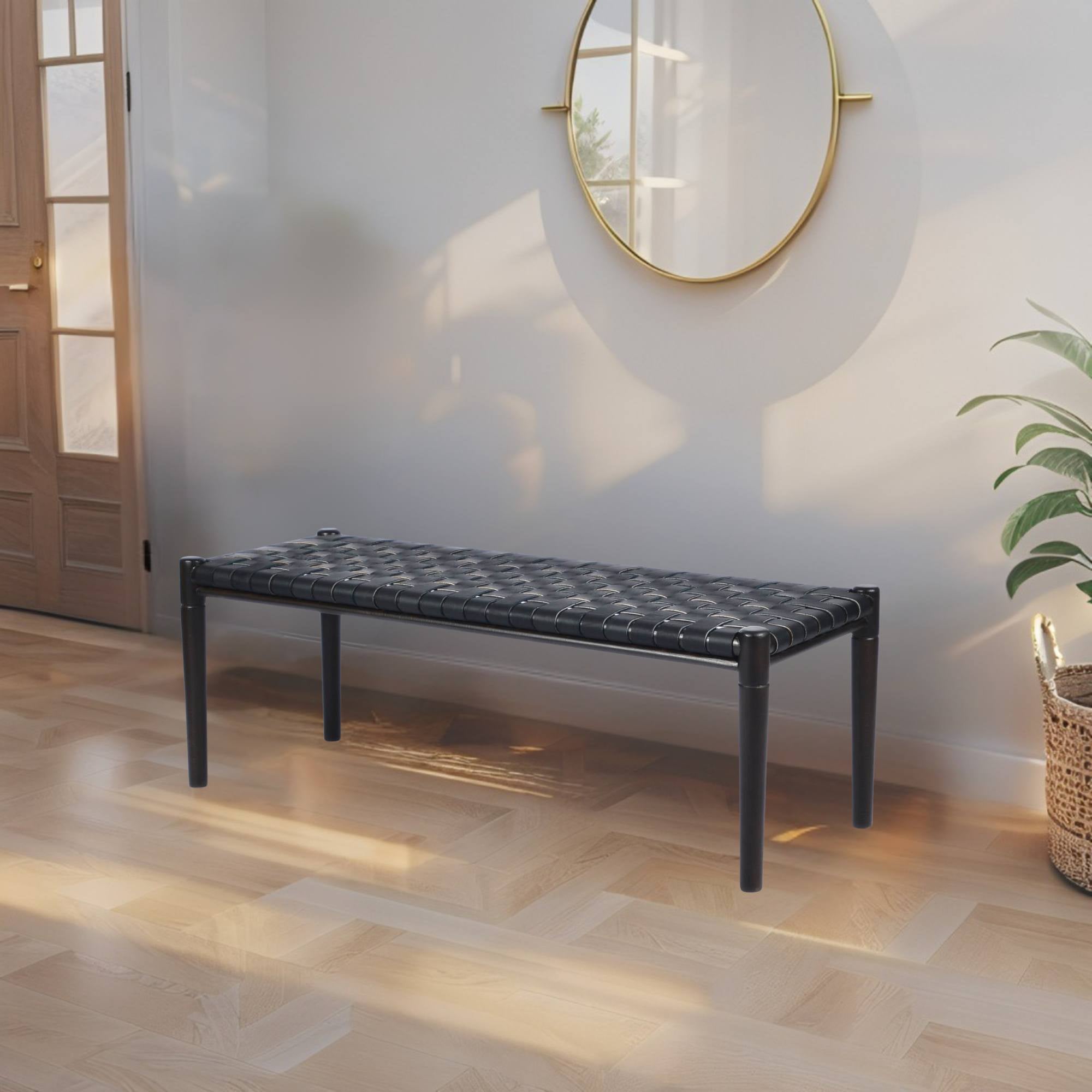 Woven Leather Bench – Black Strap Leather Seat on Black Teak Wood Frame