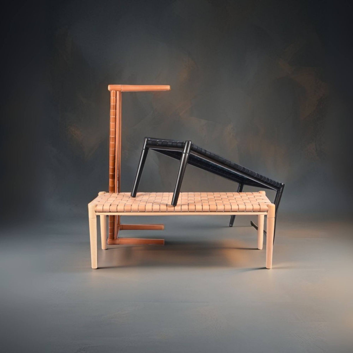 Customizable Helga Woven Leather Bench Choose Wood and Color - LuxoraCraft