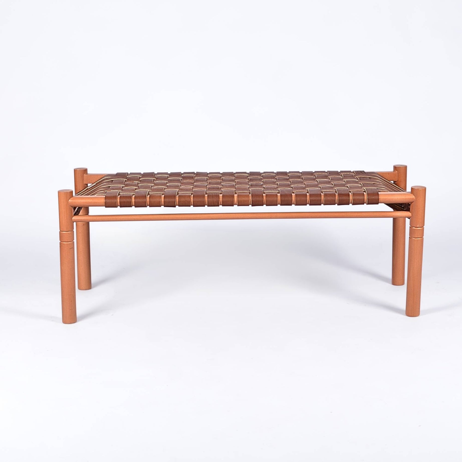 Hilda Woven Leather Bench Cognac Teak Wood With Brown Cognac Strap Leather