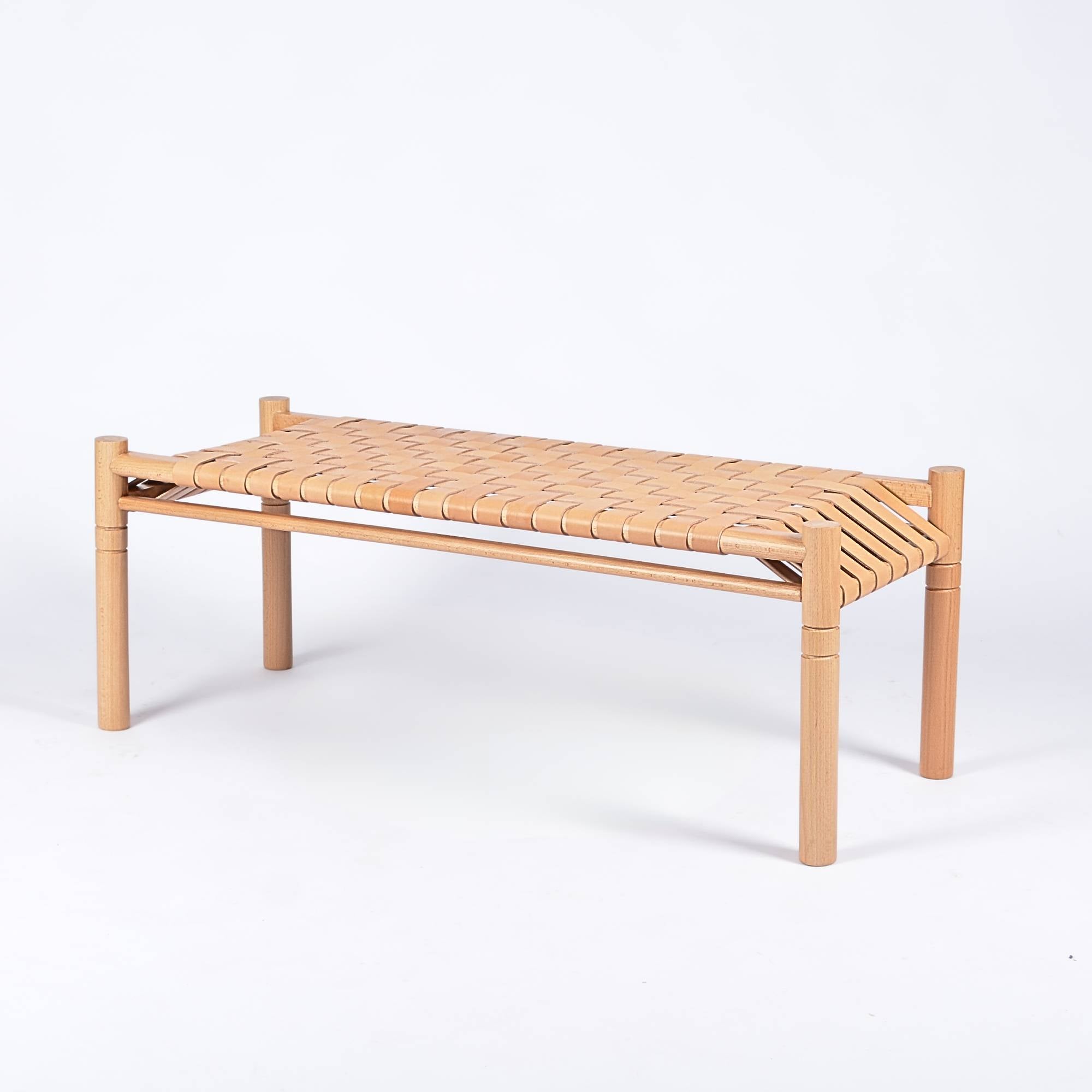 Hilda Woven Leather Bench Varnished Teak Wood With Strap Beige Leather