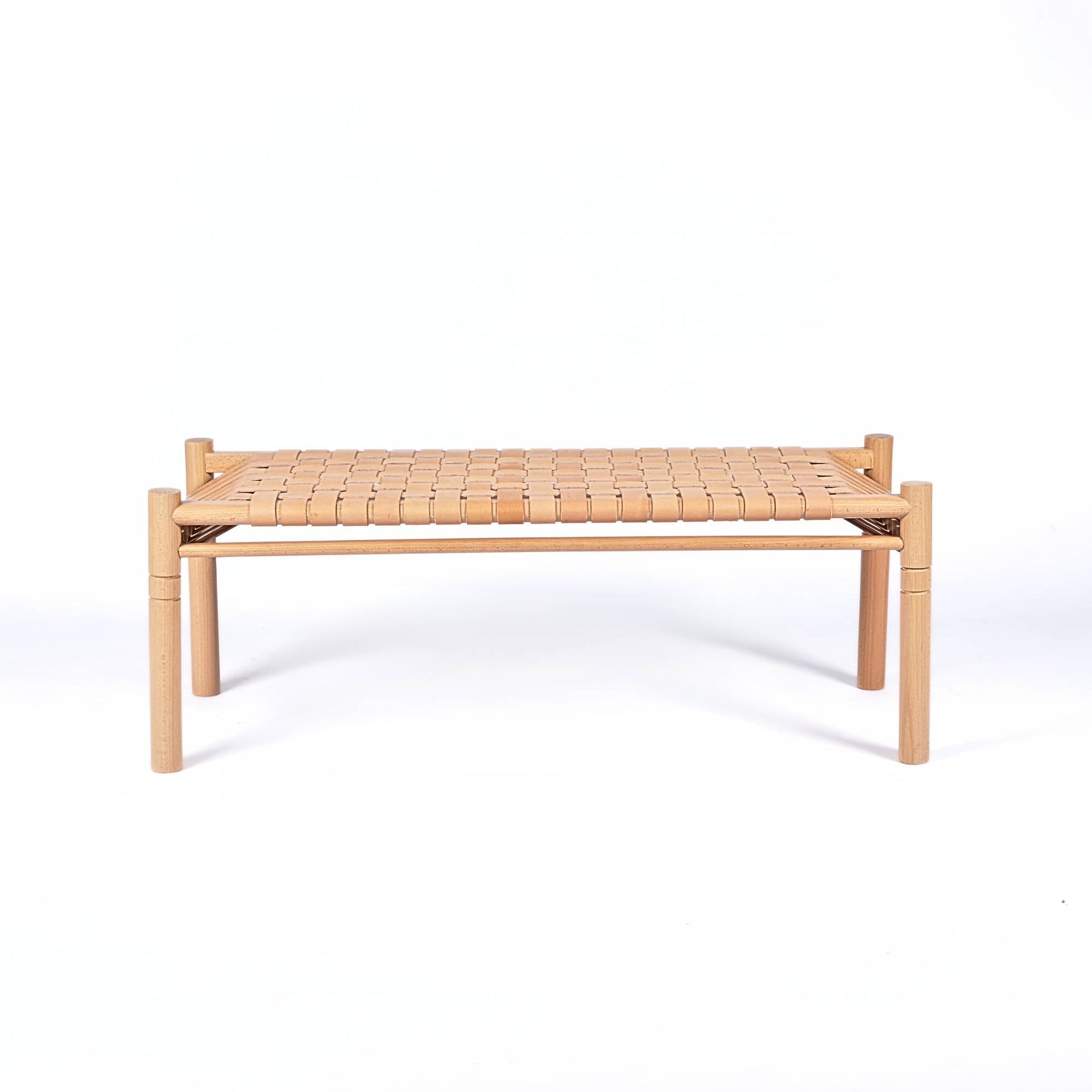 Hilda Woven Leather Bench Varnished Teak Wood With Strap Beige Leather