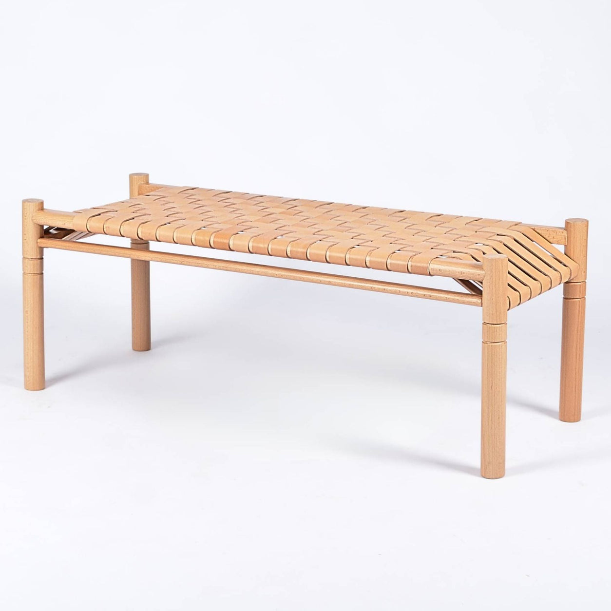 Hilda Woven Leather Bench Beige Strap Varnished Teak Wood - LuxoraCraft