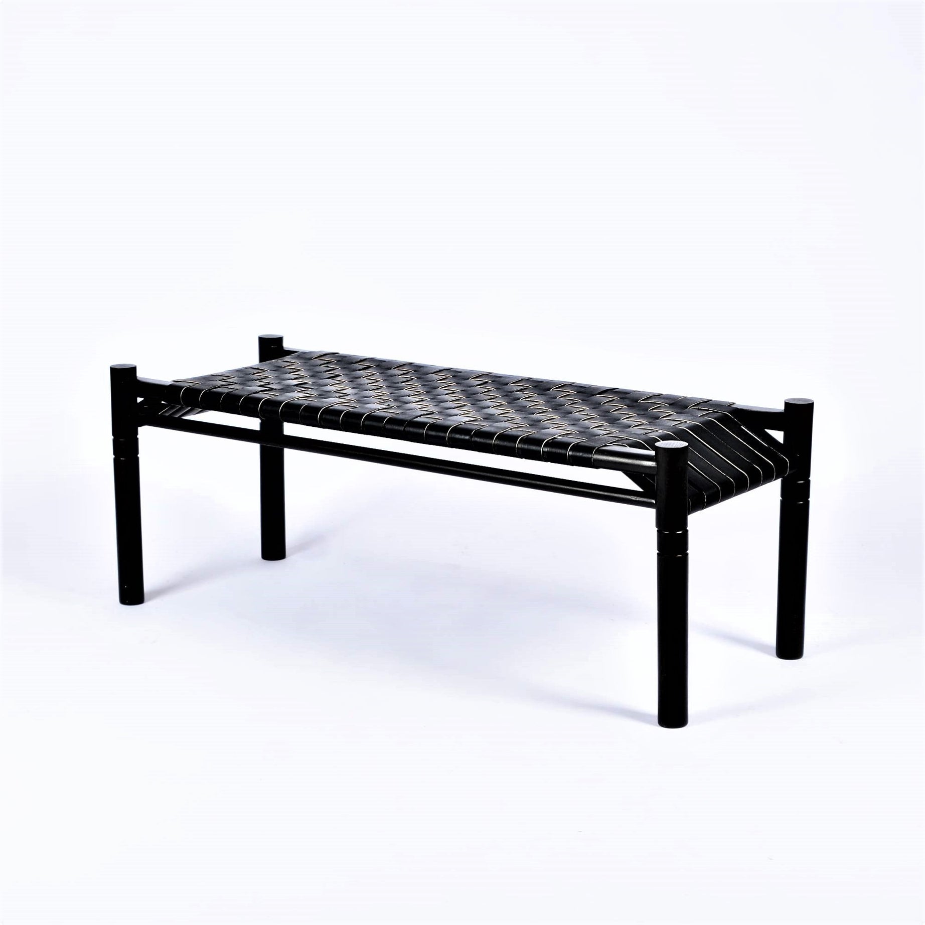 Hilda Black Strap Woven Leather Bench Black Teak Wood - LuxoraCraft